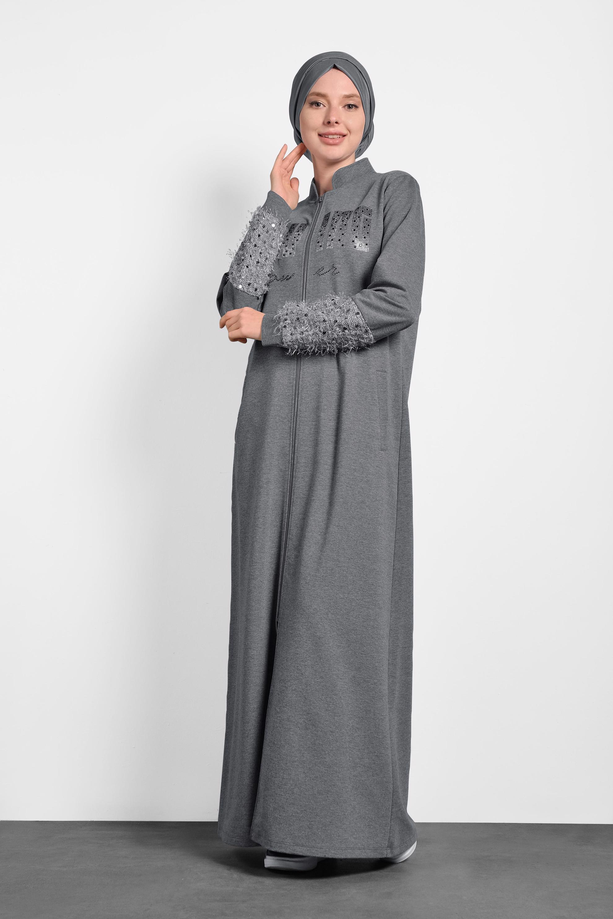 Tesettür giyim GRİ HAKİM YAKA SAÇAKLI EŞOFMAN TUNİK 40324