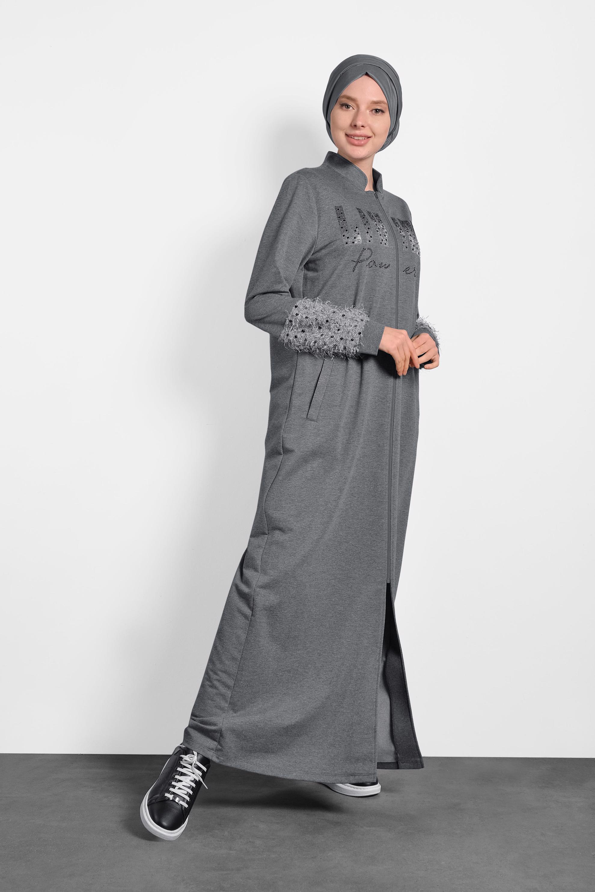 Tesettür giyim GRİ HAKİM YAKA SAÇAKLI EŞOFMAN TUNİK 40324