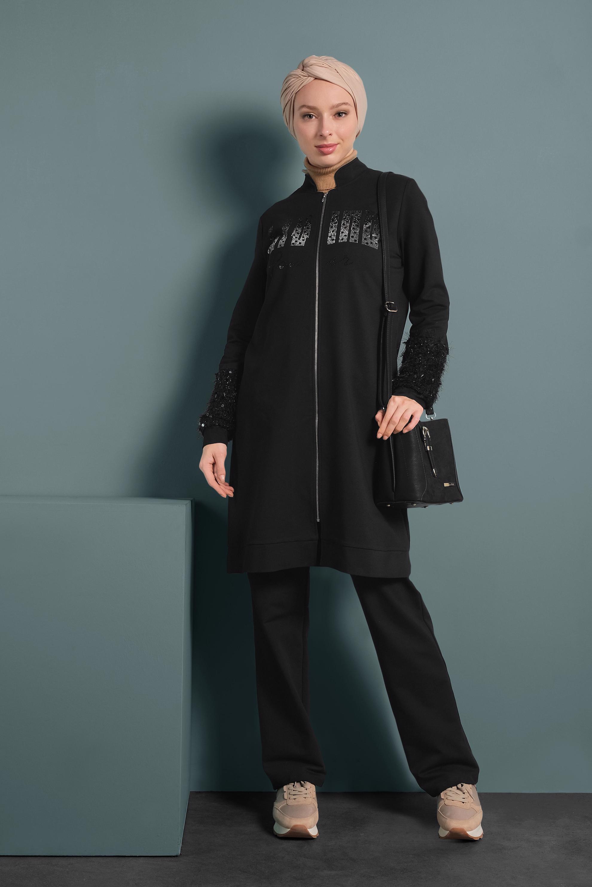 Hijab clothing BLACK FRINGE DETAILED TRACKSUIT 40325