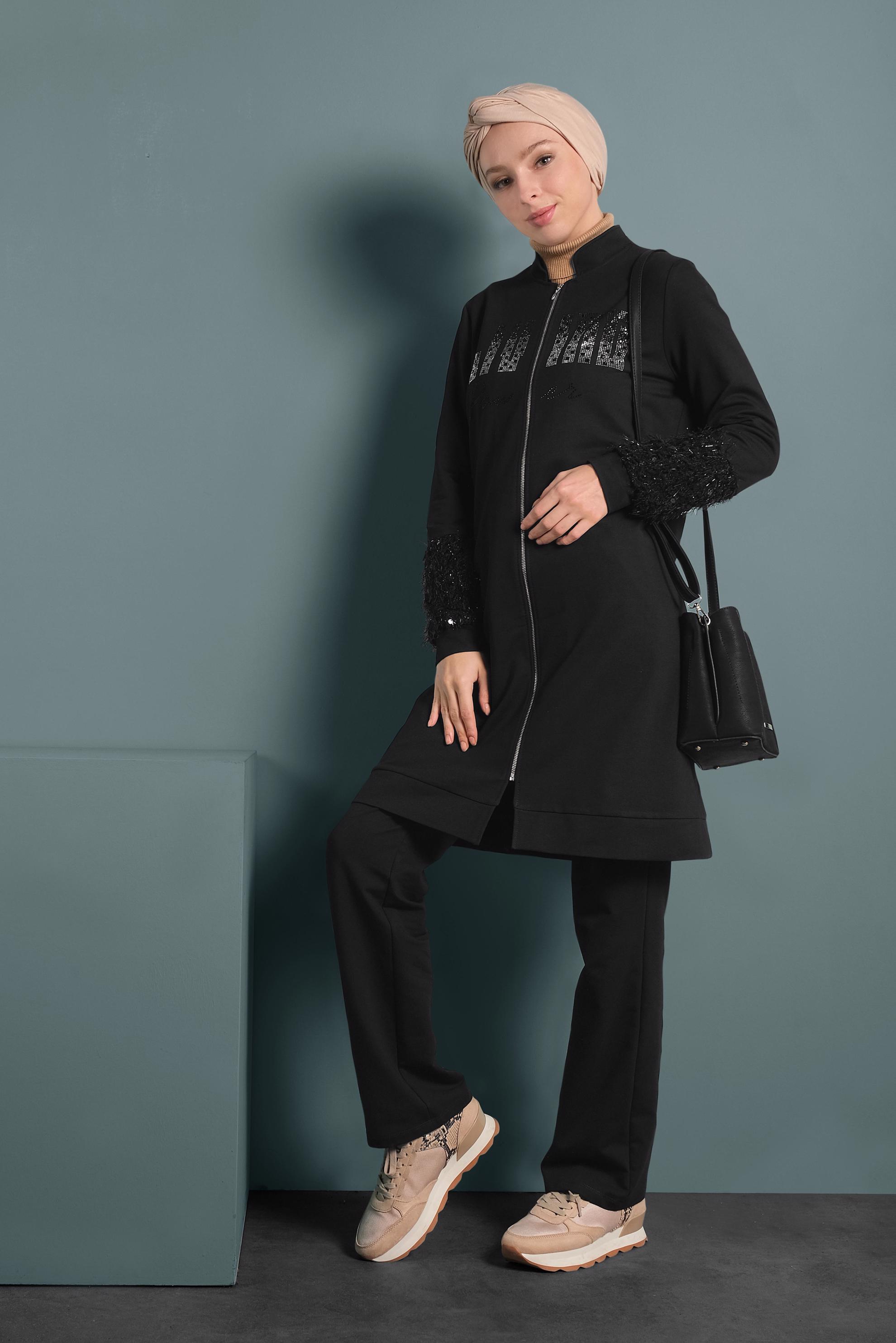 Hijab clothing BLACK FRINGE DETAILED TRACKSUIT 40325