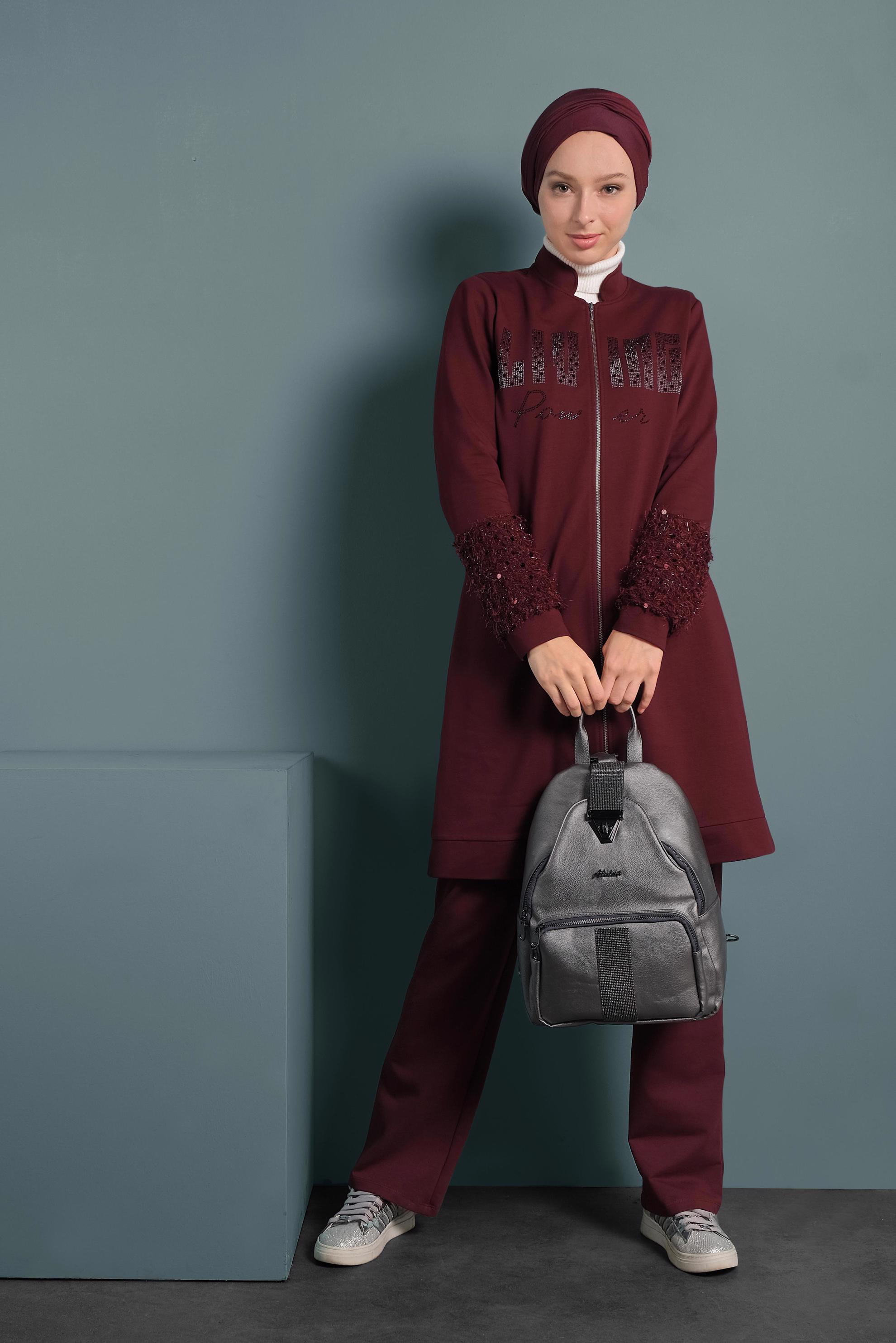 Hijab clothing CLARET RED FRINGE DETAILED TRACKSUIT 40325