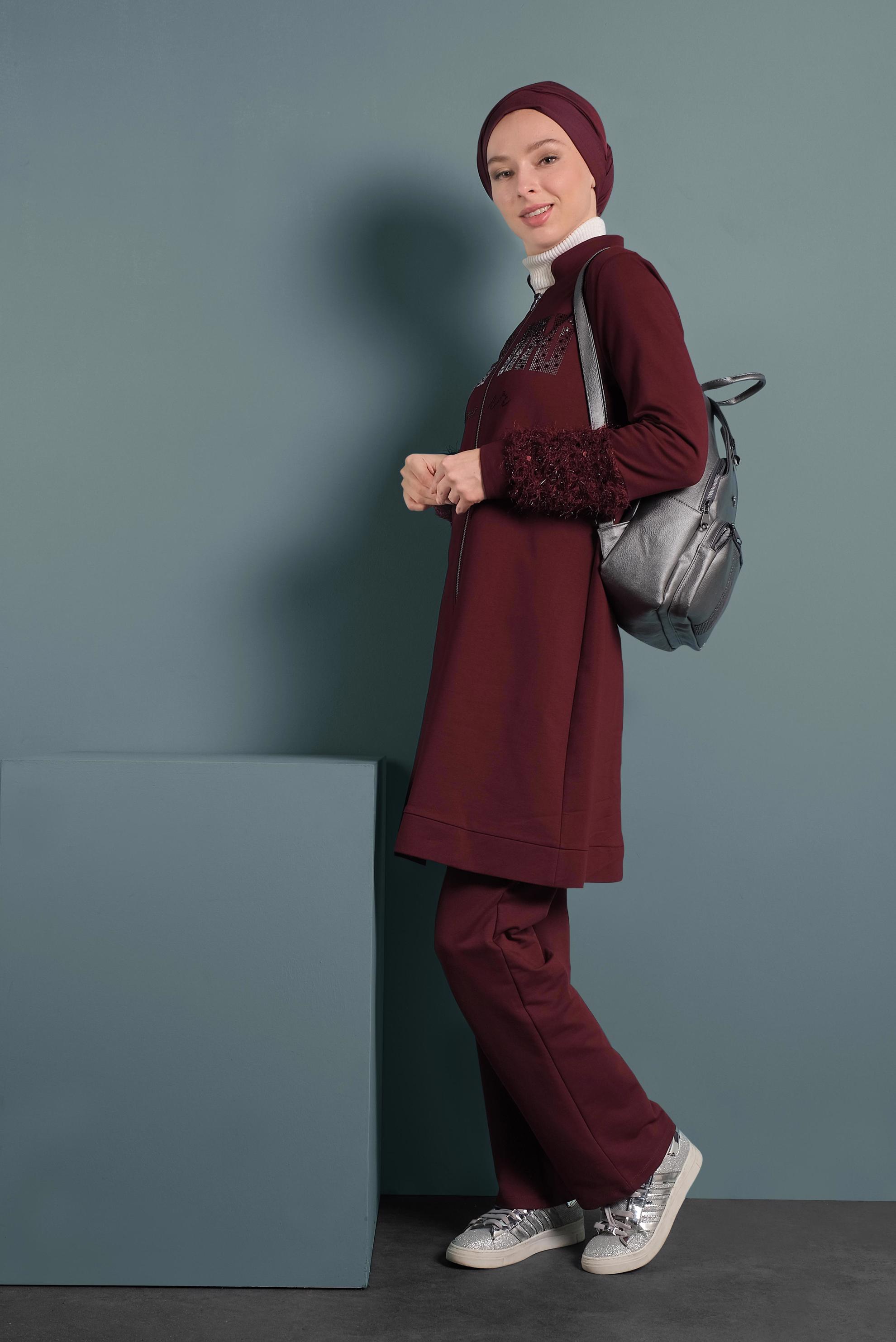 Hijab clothing CLARET RED FRINGE DETAILED TRACKSUIT 40325