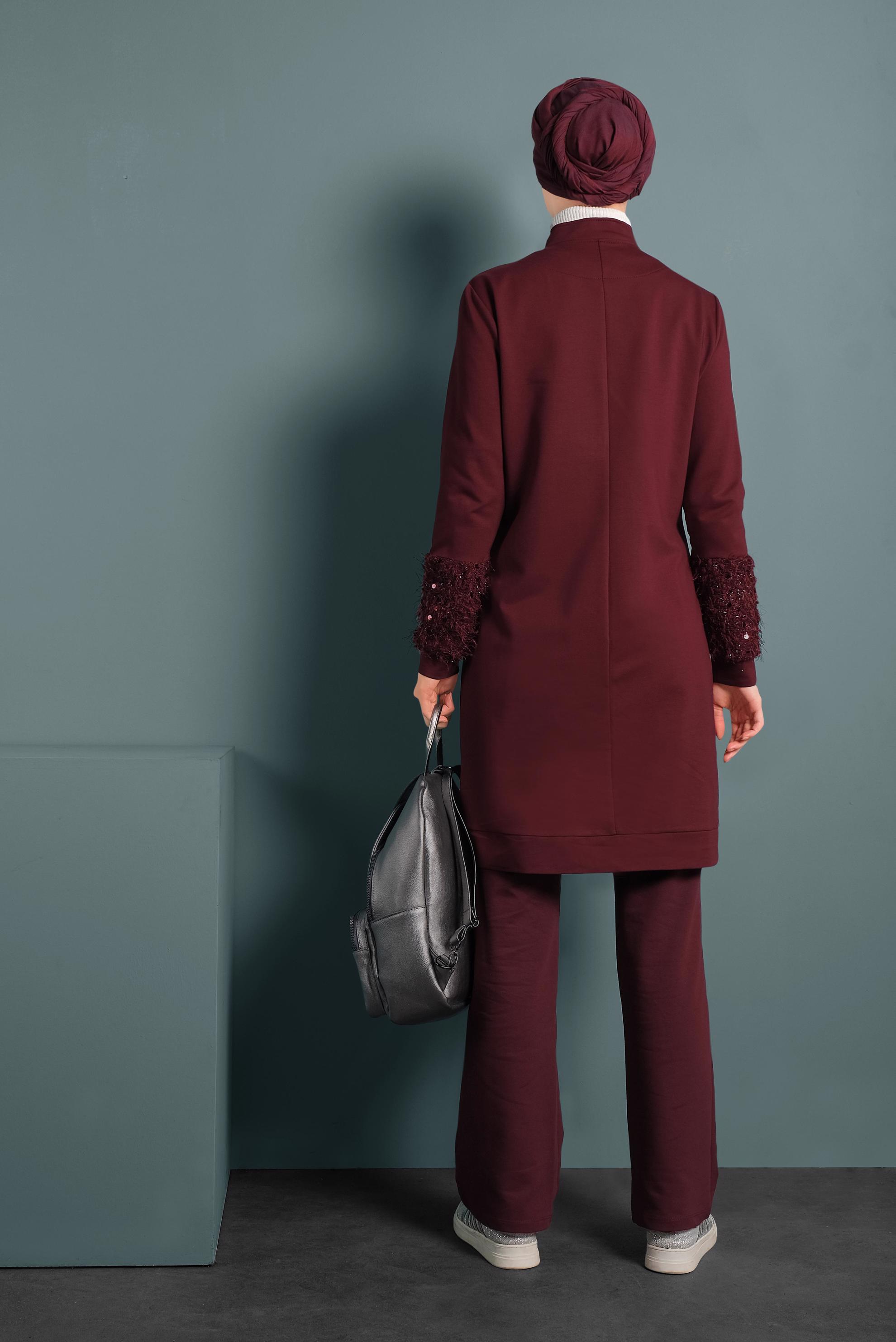 Hijab clothing CLARET RED FRINGE DETAILED TRACKSUIT 40325