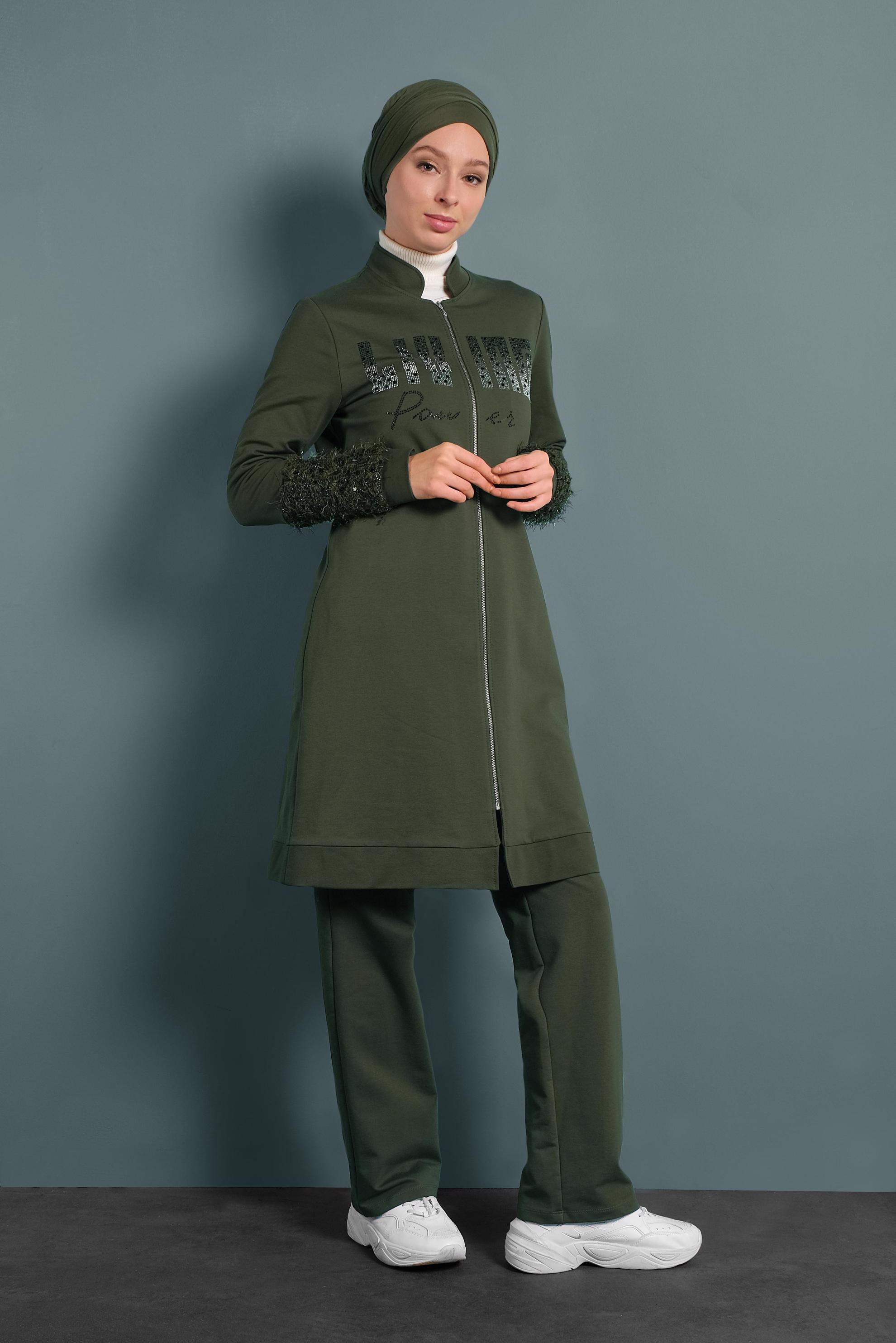 Hijab clothing KHAKI FRINGE DETAILED TRACKSUIT 40325