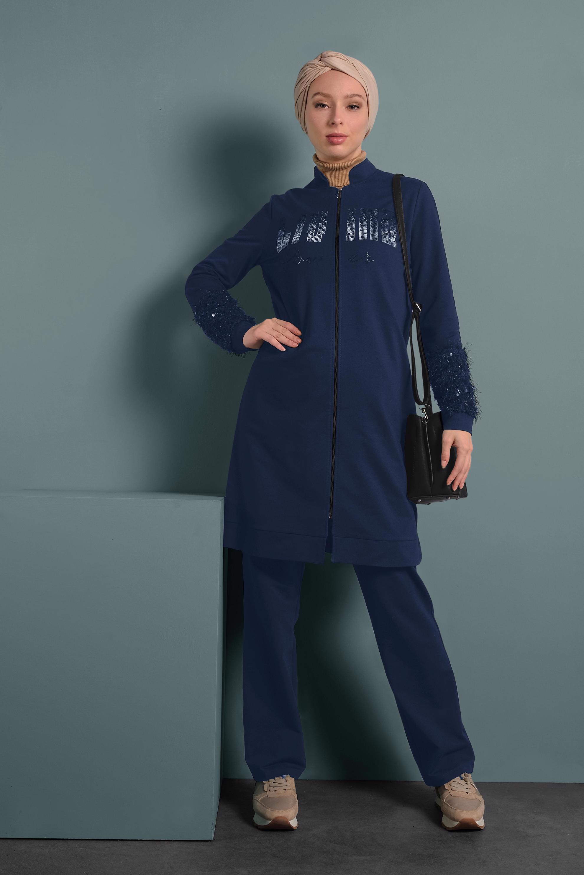 Tesettür giyim LACİVERT KOLLARI SAÇAKLI FERMUARLI İKİLİ EŞOFMAN TAKIMI 40325