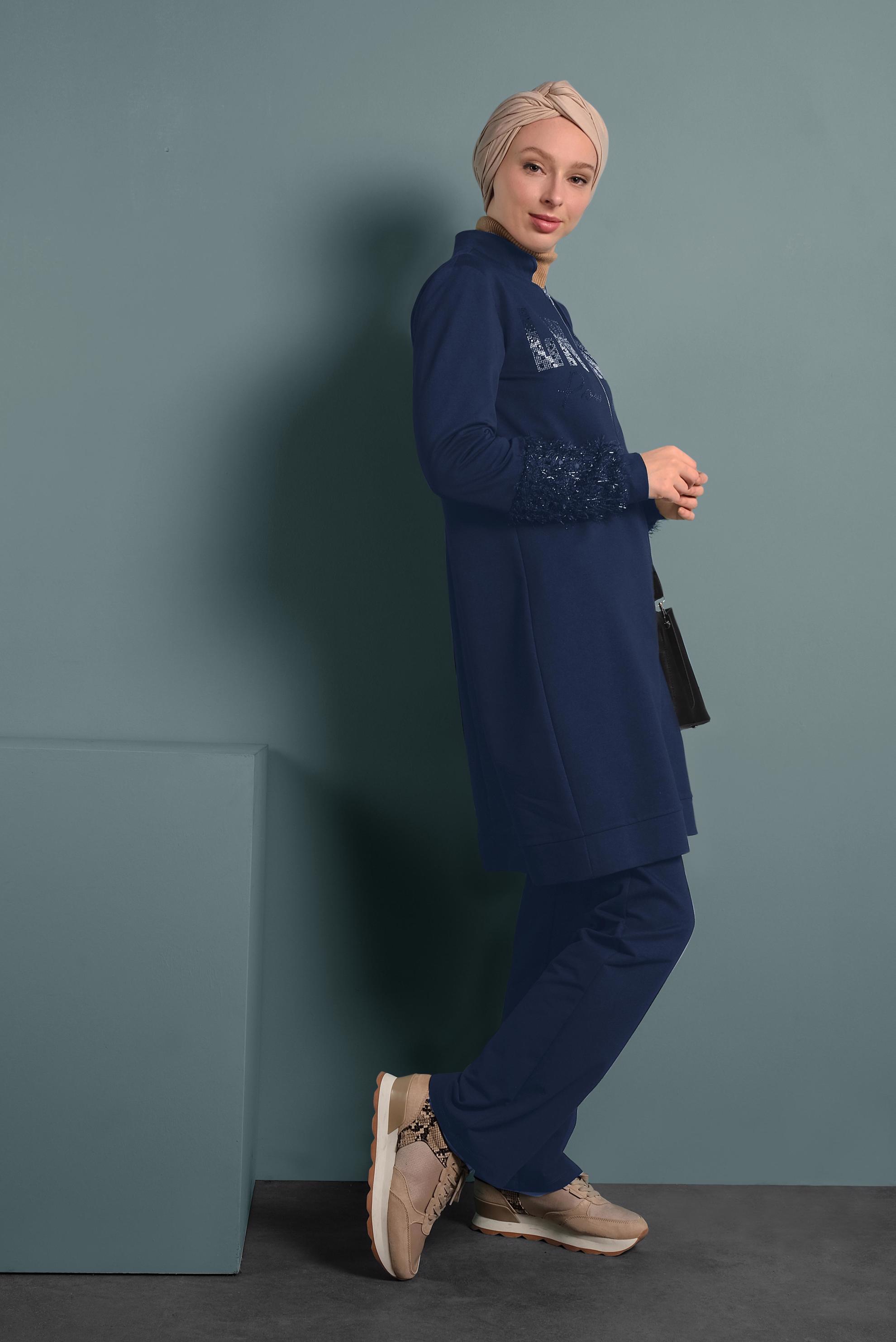 Tesettür giyim LACİVERT KOLLARI SAÇAKLI FERMUARLI İKİLİ EŞOFMAN TAKIMI 40325