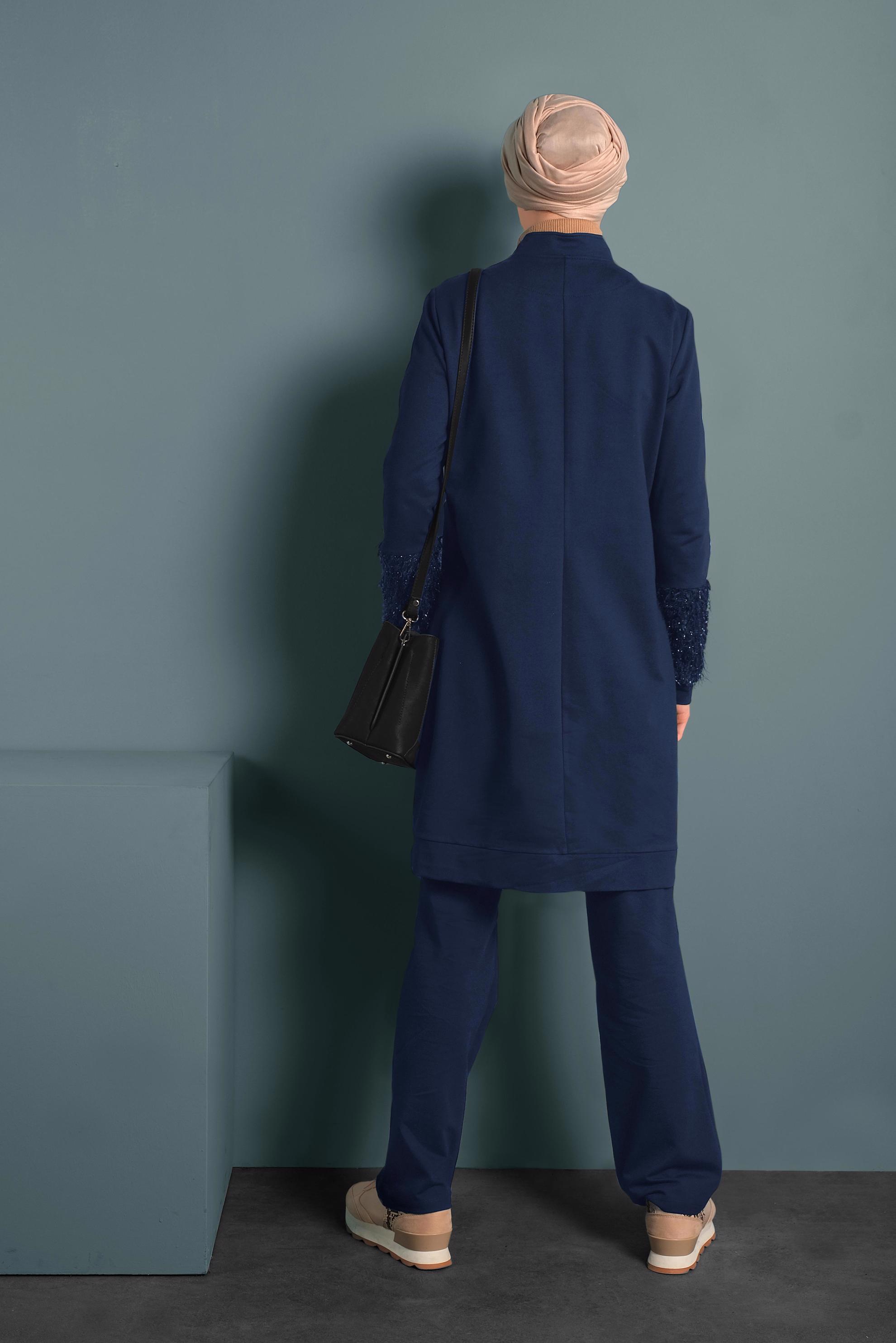 Tesettür giyim LACİVERT KOLLARI SAÇAKLI FERMUARLI İKİLİ EŞOFMAN TAKIMI 40325