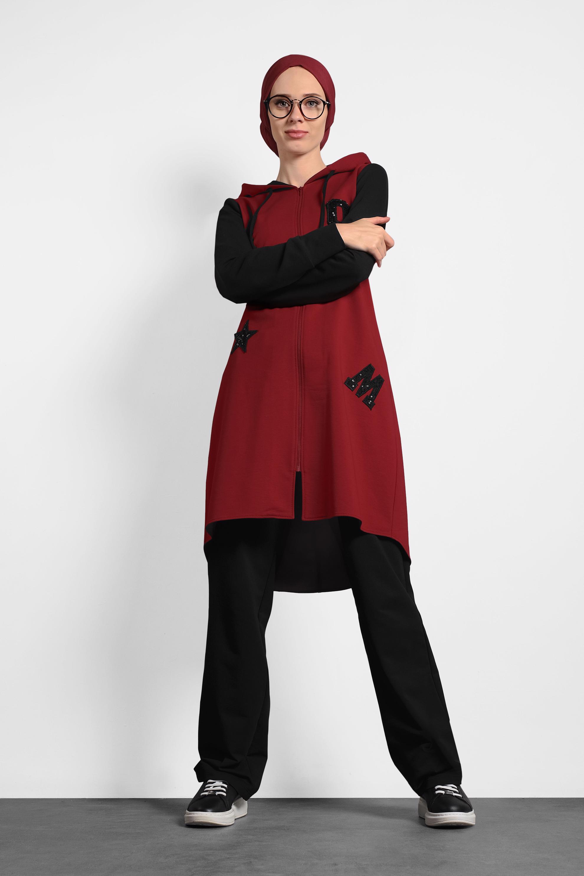 Tesettür giyim KIRMIZI PUL PAYET DETAYLI PAMUKLU EŞOFMAN TAKIMI 40326