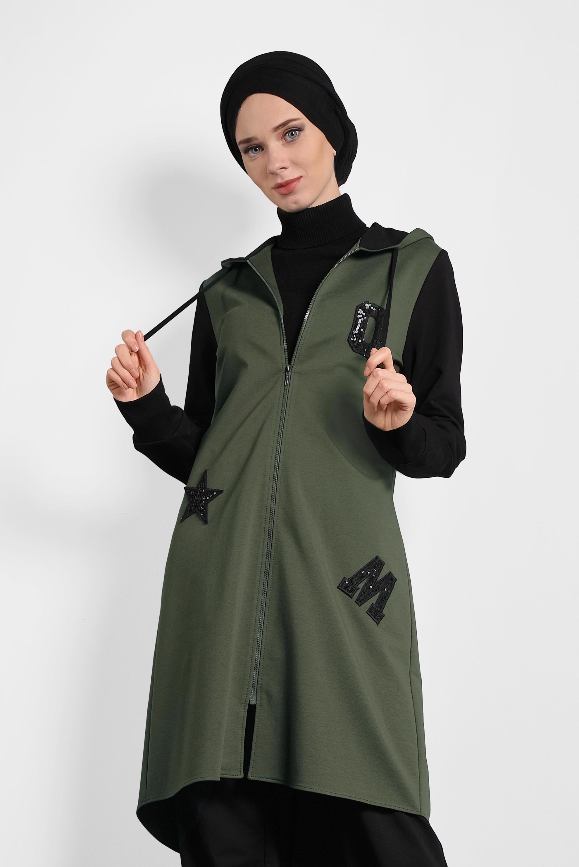 Tesettür giyim HAKİ PUL PAYET DETAYLI PAMUKLU EŞOFMAN TAKIMI 40326