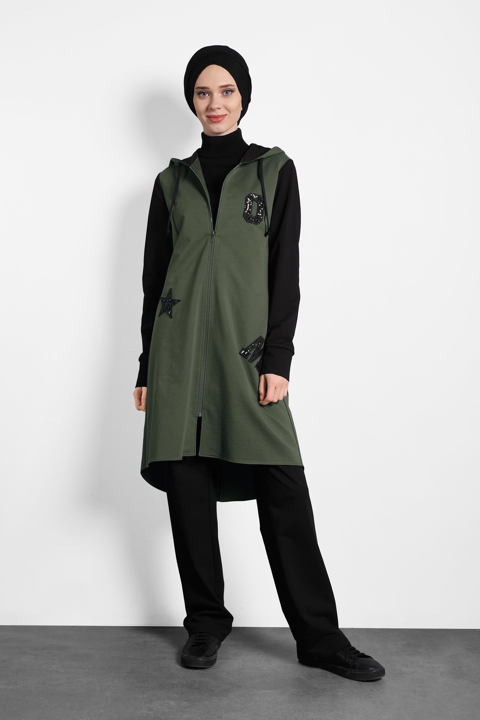 Tesettür giyim HAKİ PUL PAYET DETAYLI PAMUKLU EŞOFMAN TAKIMI 40326