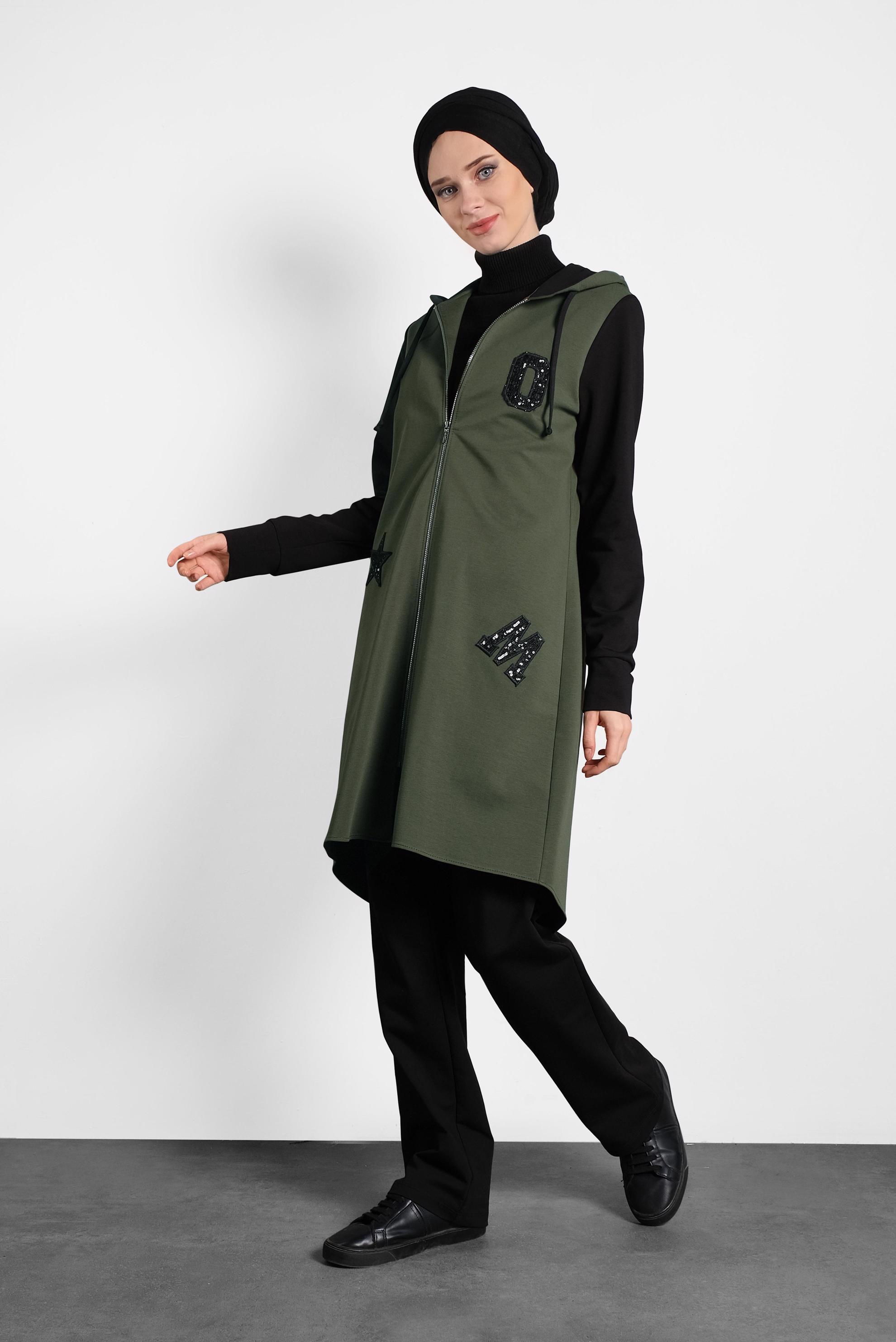 Tesettür giyim HAKİ PUL PAYET DETAYLI PAMUKLU EŞOFMAN TAKIMI 40326