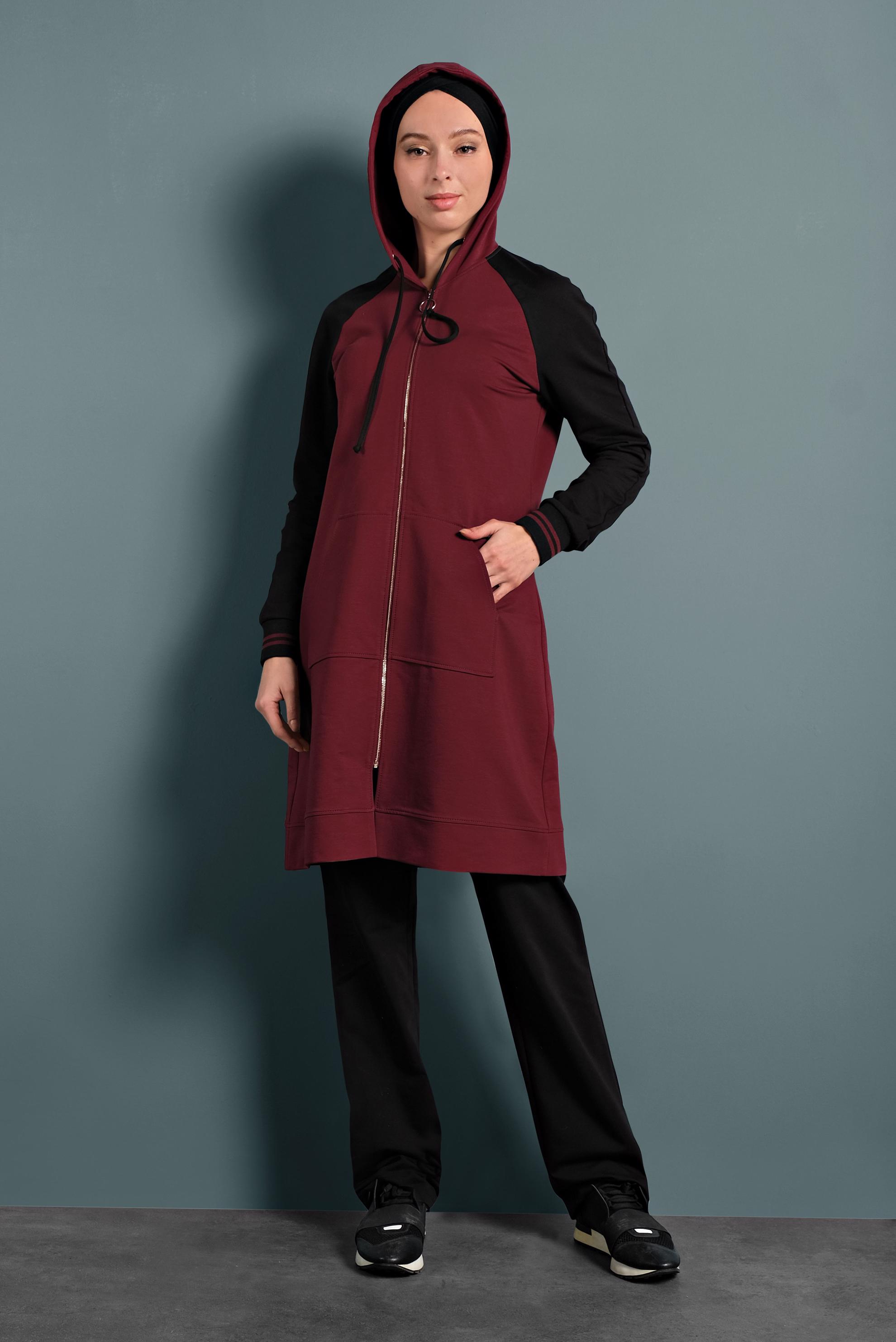 Tesettür giyim BORDO ÇİFT RENK KAPÜŞONLU İKİLİ PANTOLON EŞOFMAN TAKIM 40328