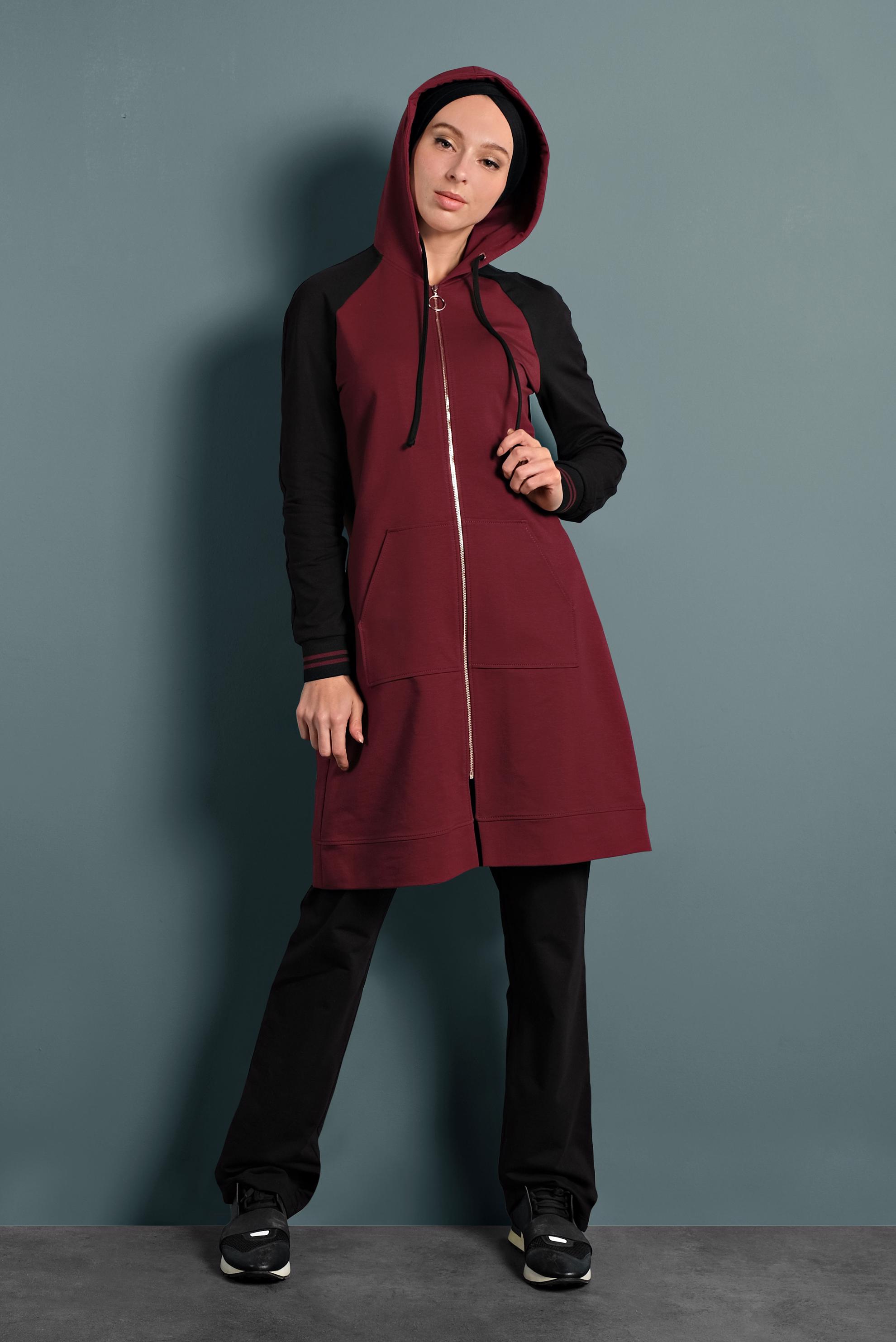 Tesettür giyim BORDO ÇİFT RENK KAPÜŞONLU İKİLİ PANTOLON EŞOFMAN TAKIM 40328