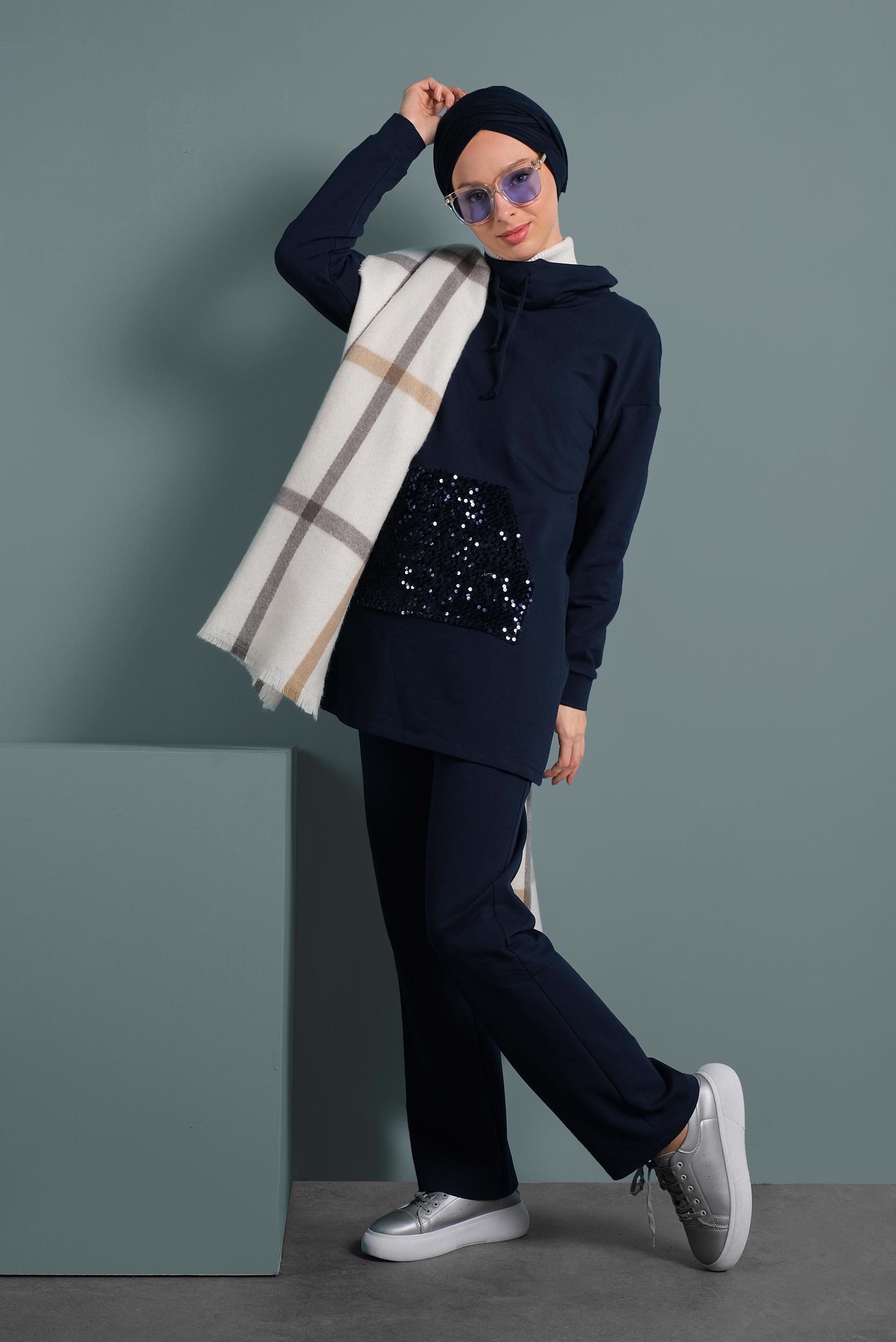 Tesettür giyim LACİVERT PUL PAYET İŞLEMELİ EŞOFMAN TAKIMI 40346