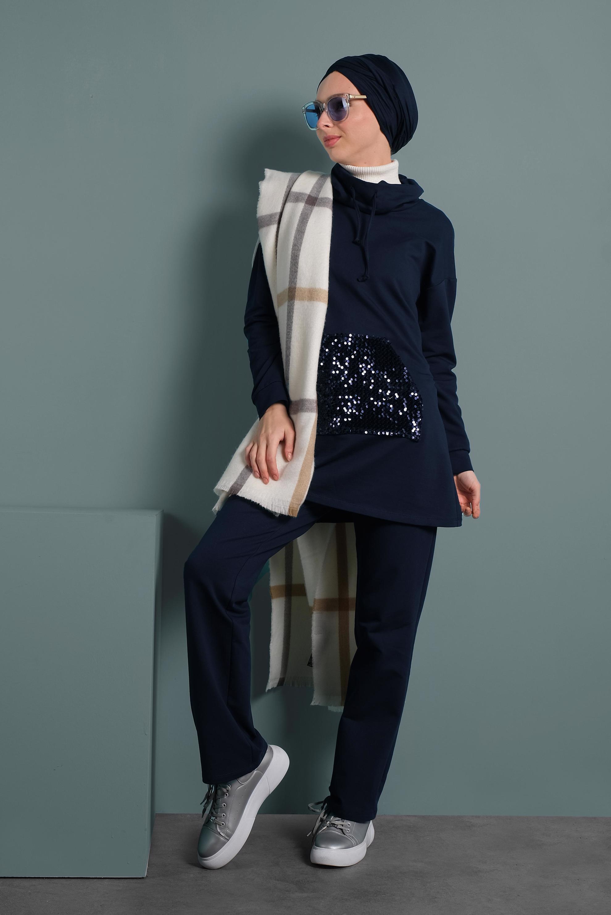 Tesettür giyim LACİVERT PUL PAYET İŞLEMELİ EŞOFMAN TAKIMI 40346