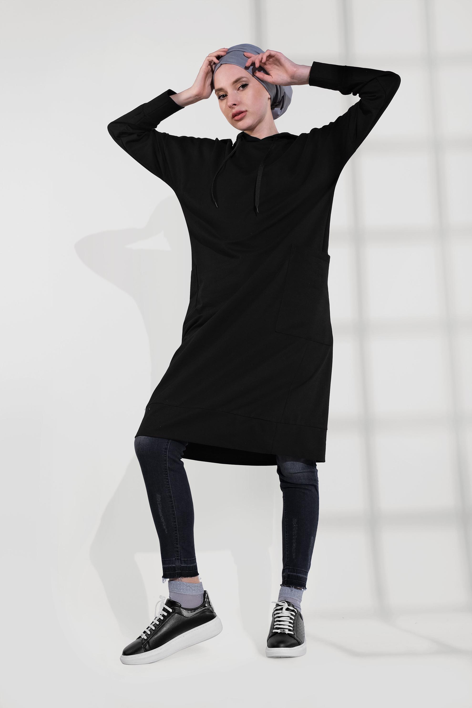 Tesettür giyim SİYAH PAMUKLU UZUN TUNİK 40418