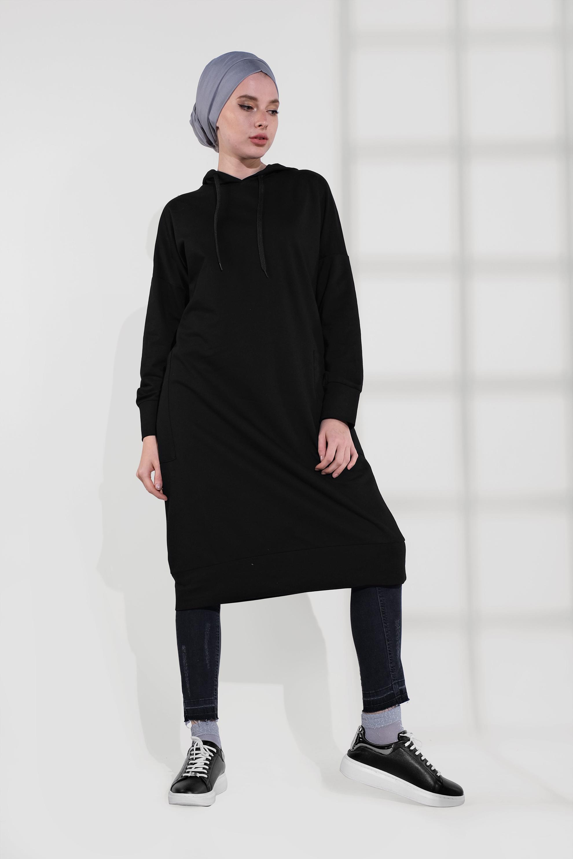 Tesettür giyim SİYAH PAMUKLU UZUN TUNİK 40418