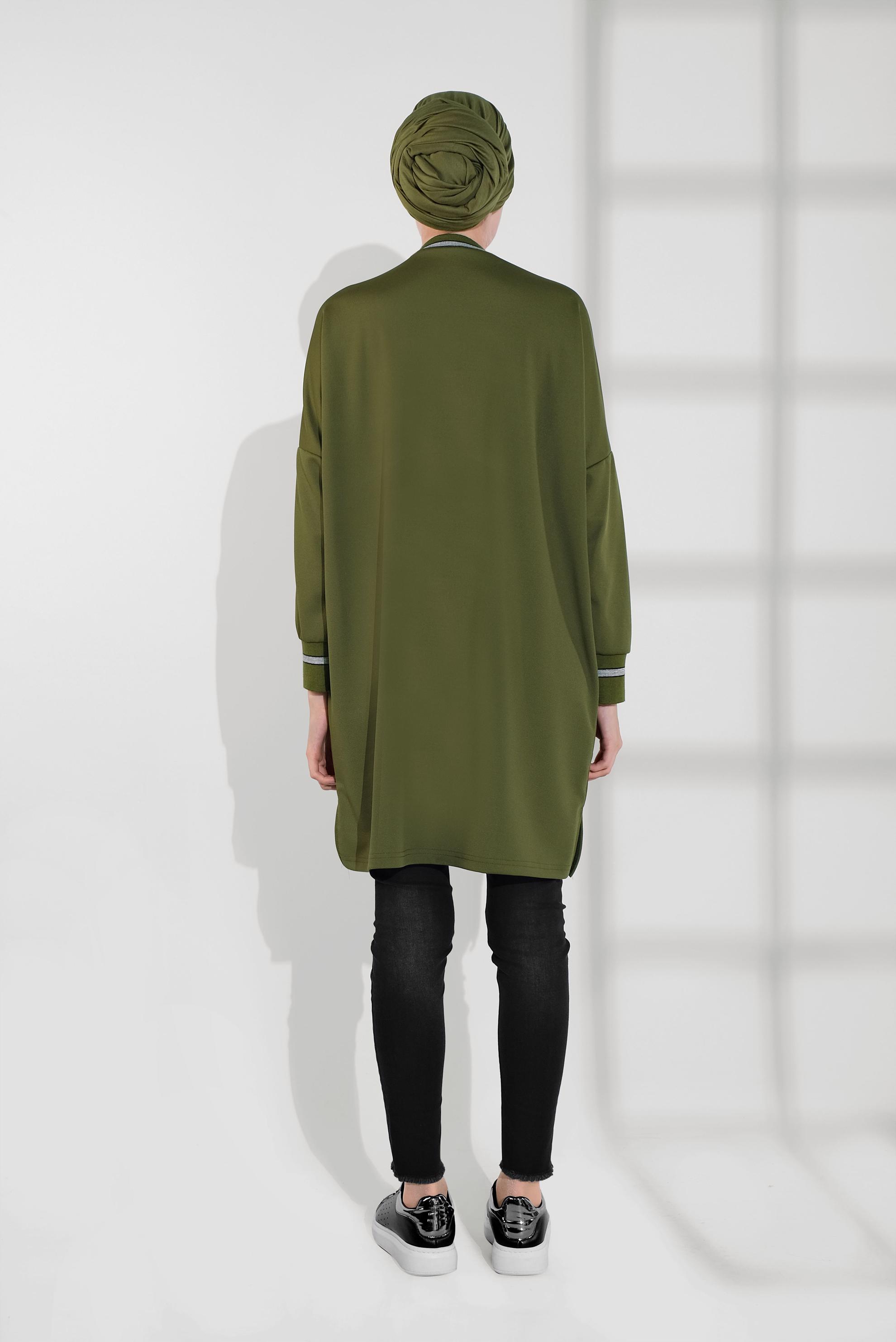 Tesettür giyim HAKİ SİM DETAYLI YUVARLAK YAKA TUNİK 40419