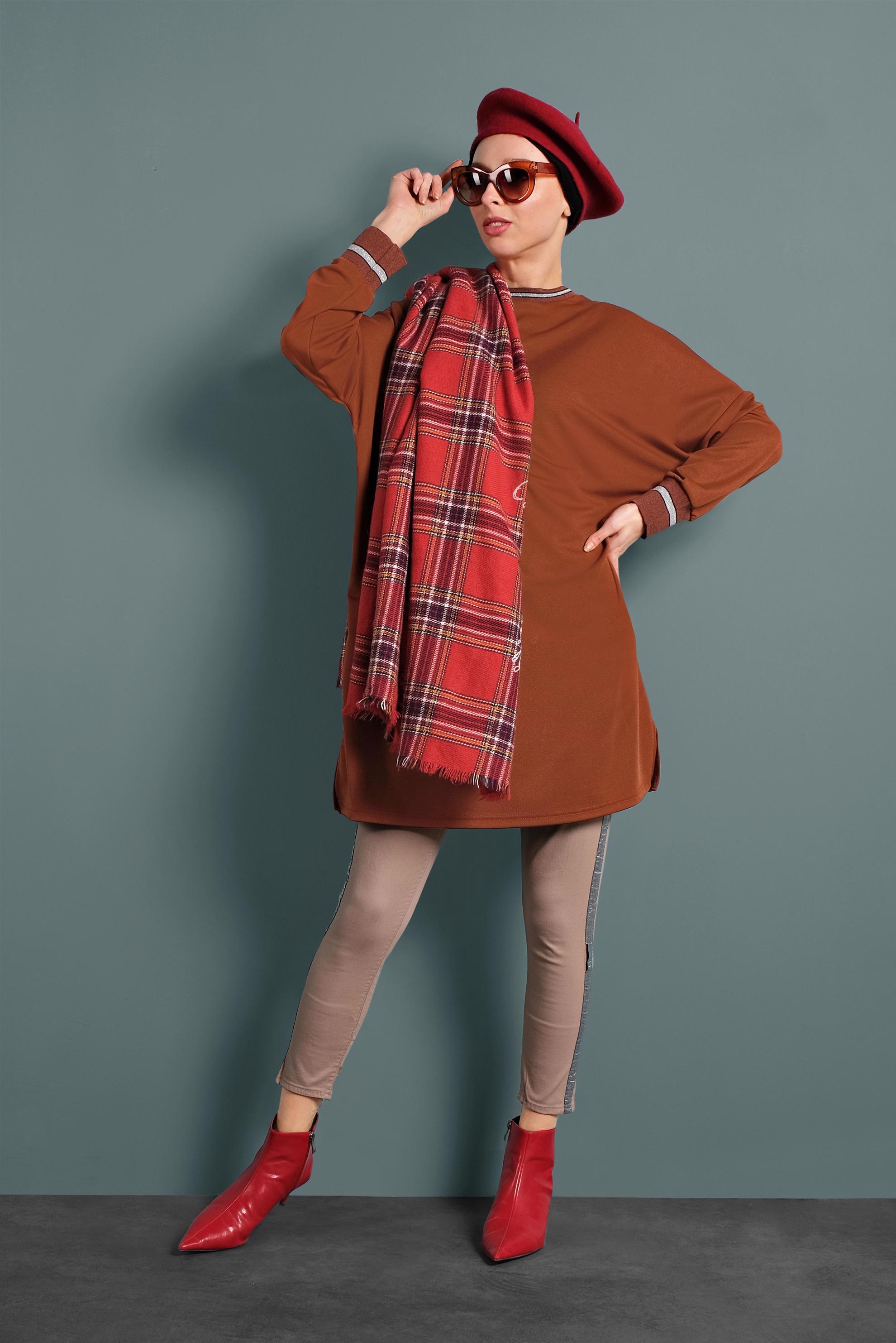 Tesettür giyim TABA SİM DETAYLI YUVARLAK YAKA TUNİK 40419