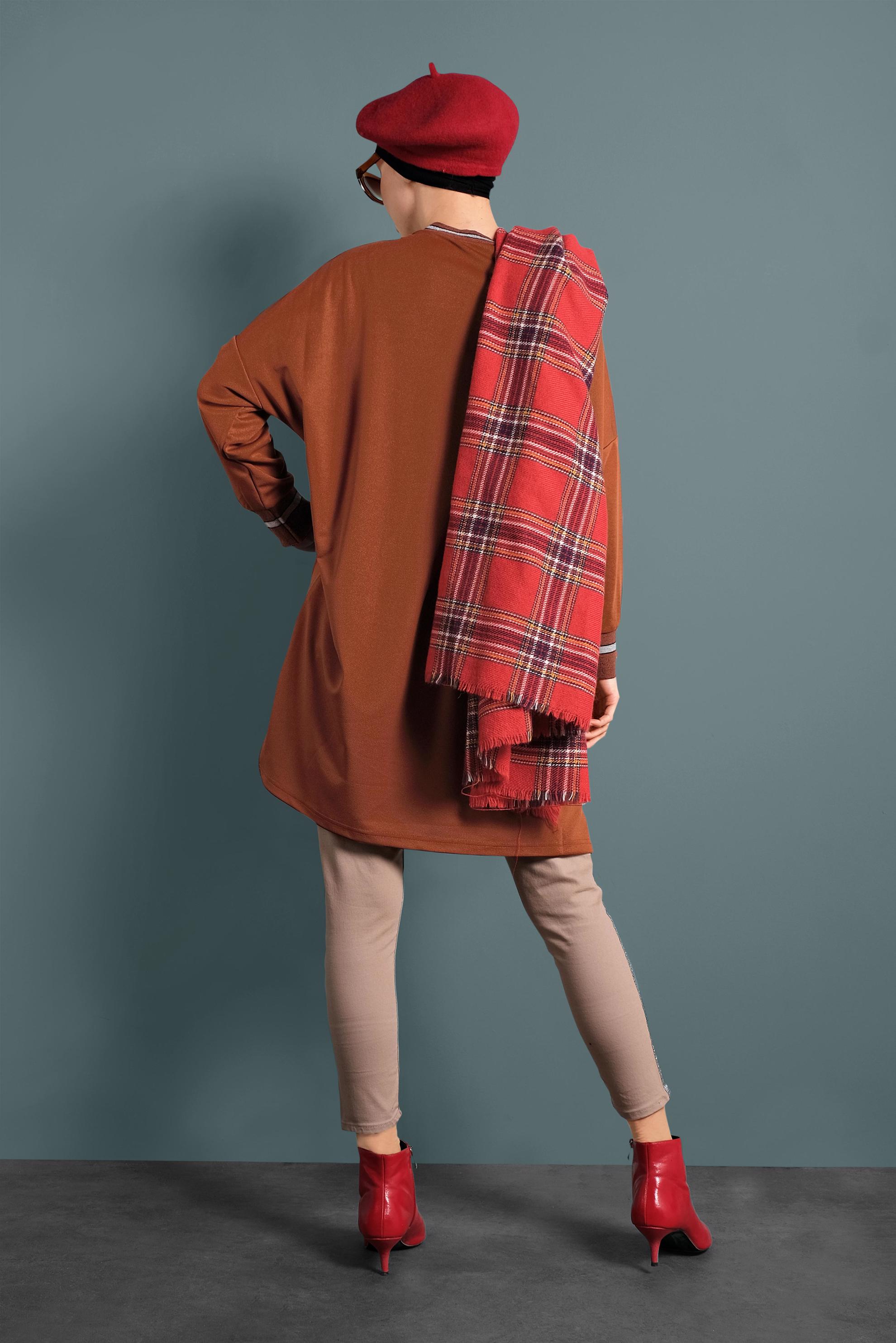 Tesettür giyim TABA SİM DETAYLI YUVARLAK YAKA TUNİK 40419