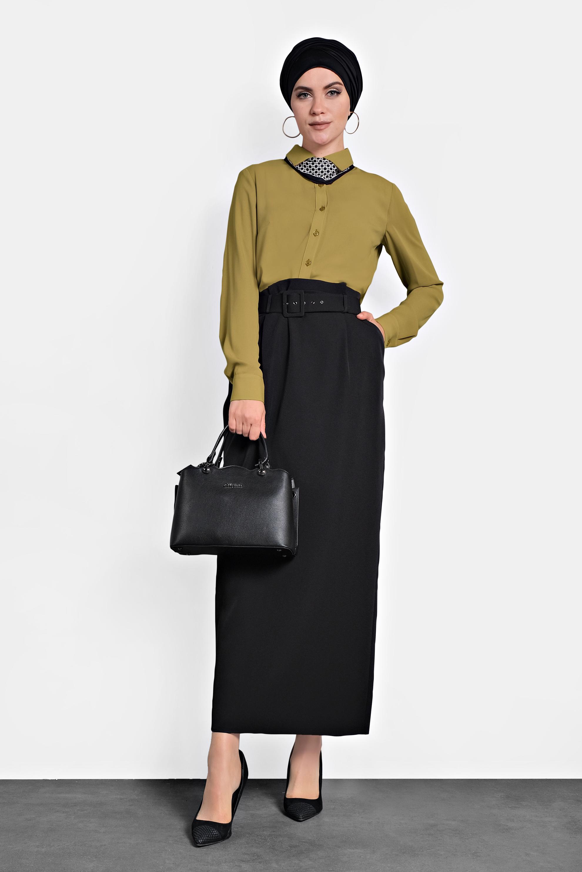 Tesettür giyim SİYAH YÜKSEK BEL KEMERLİ ETEK 60005