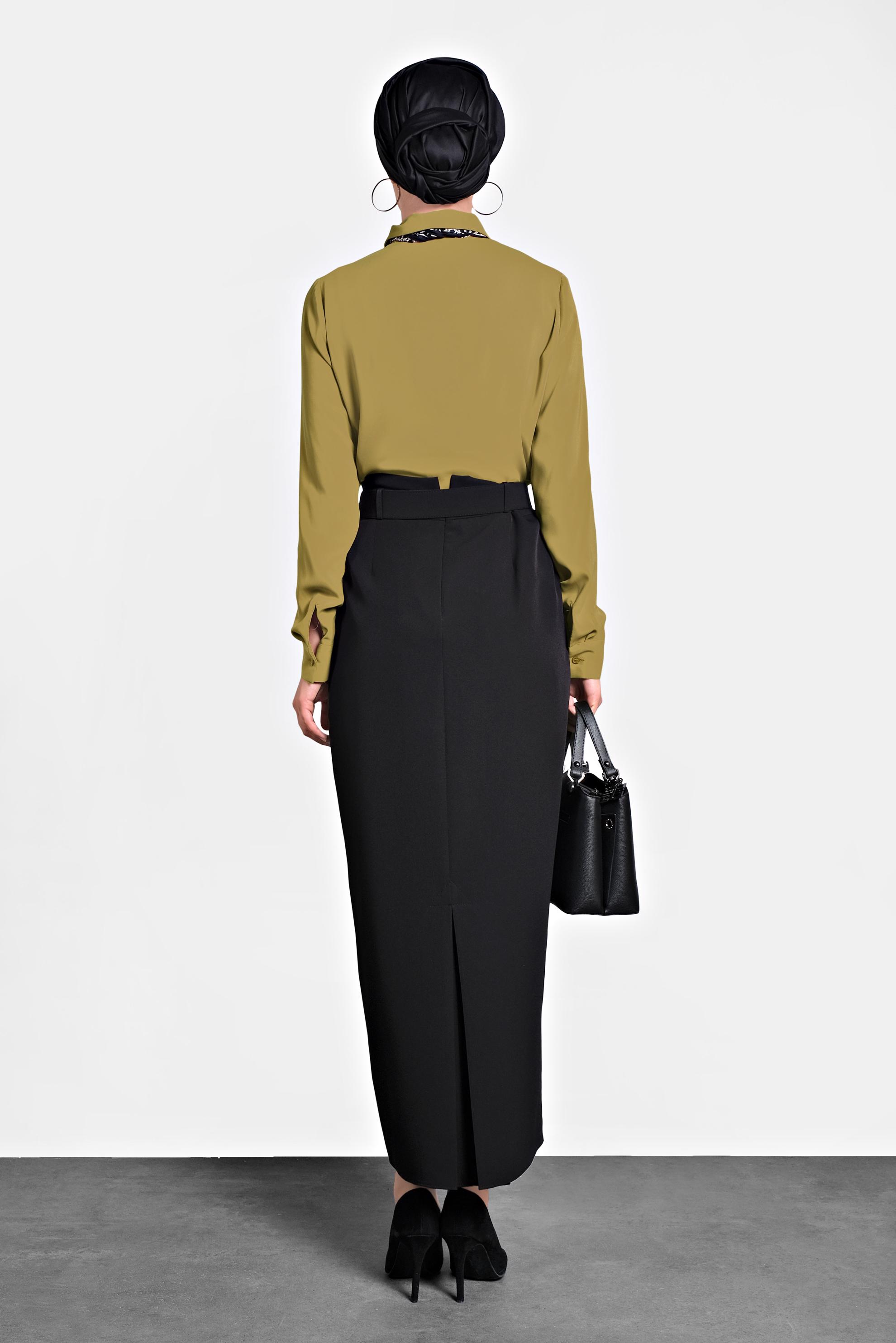 Tesettür giyim SİYAH YÜKSEK BEL KEMERLİ ETEK 60005