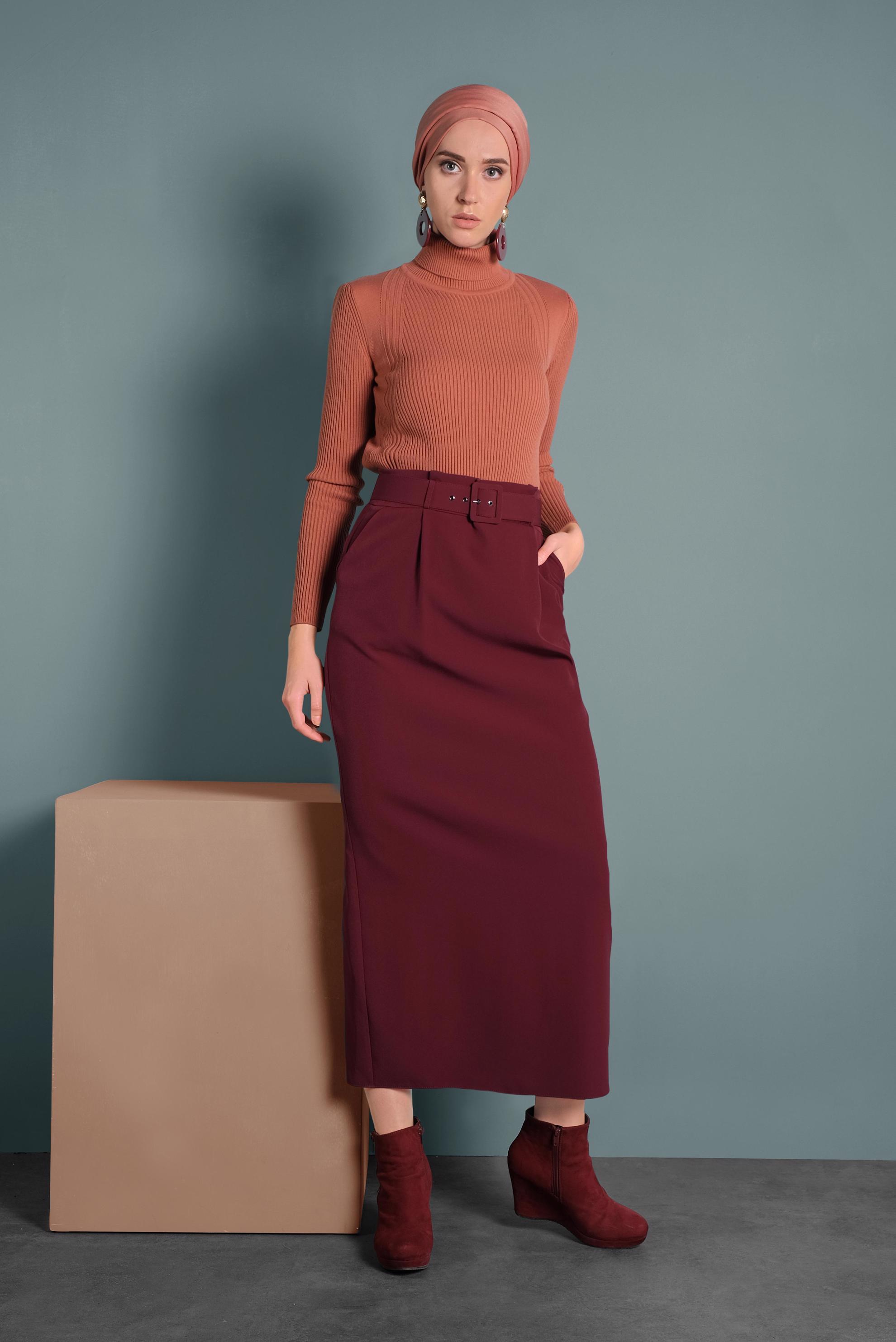 Hijab clothing CLARET RED BELTED HIGH-WAIST SKIRT 60005 