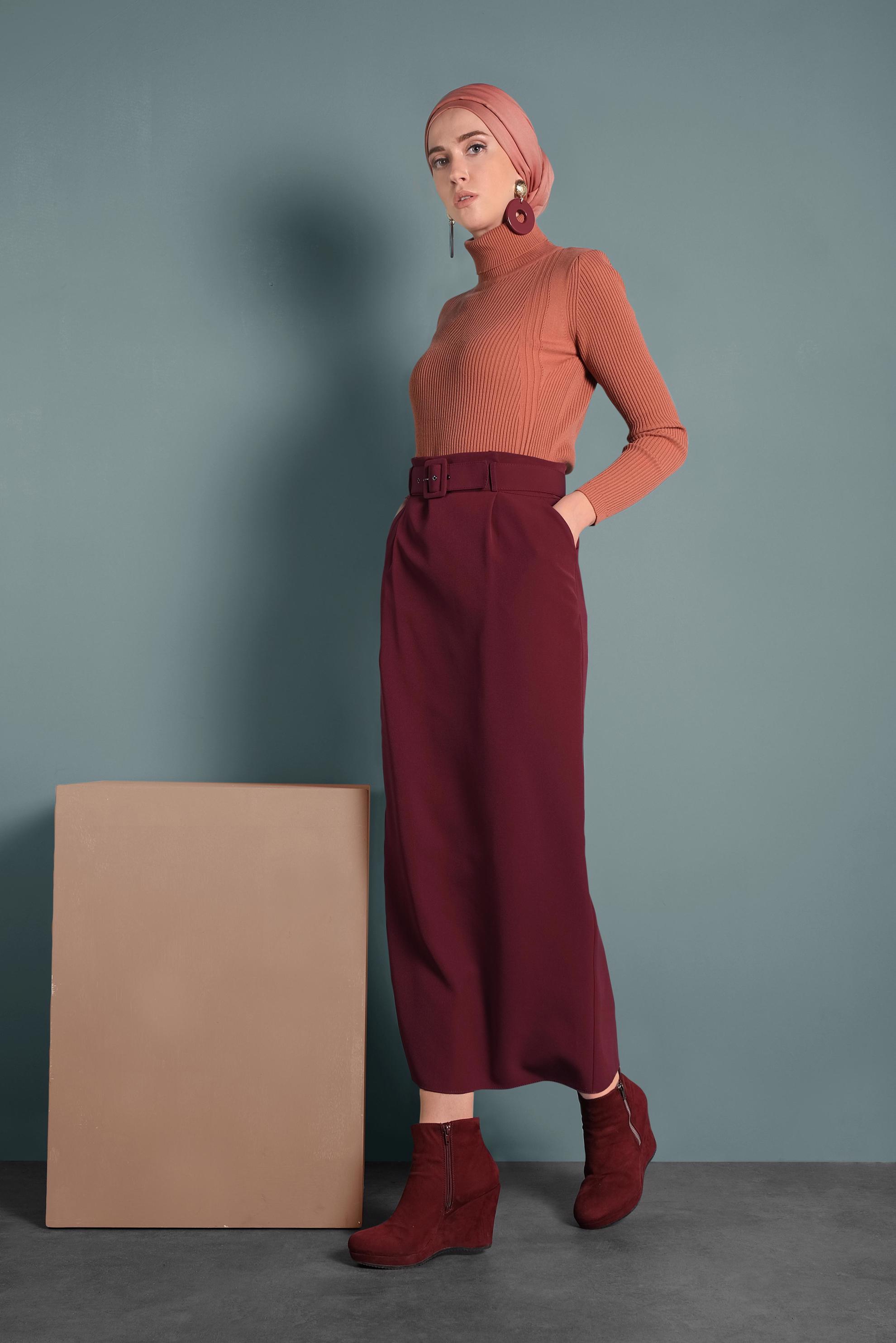 Hijab clothing CLARET RED BELTED HIGH-WAIST SKIRT 60005 