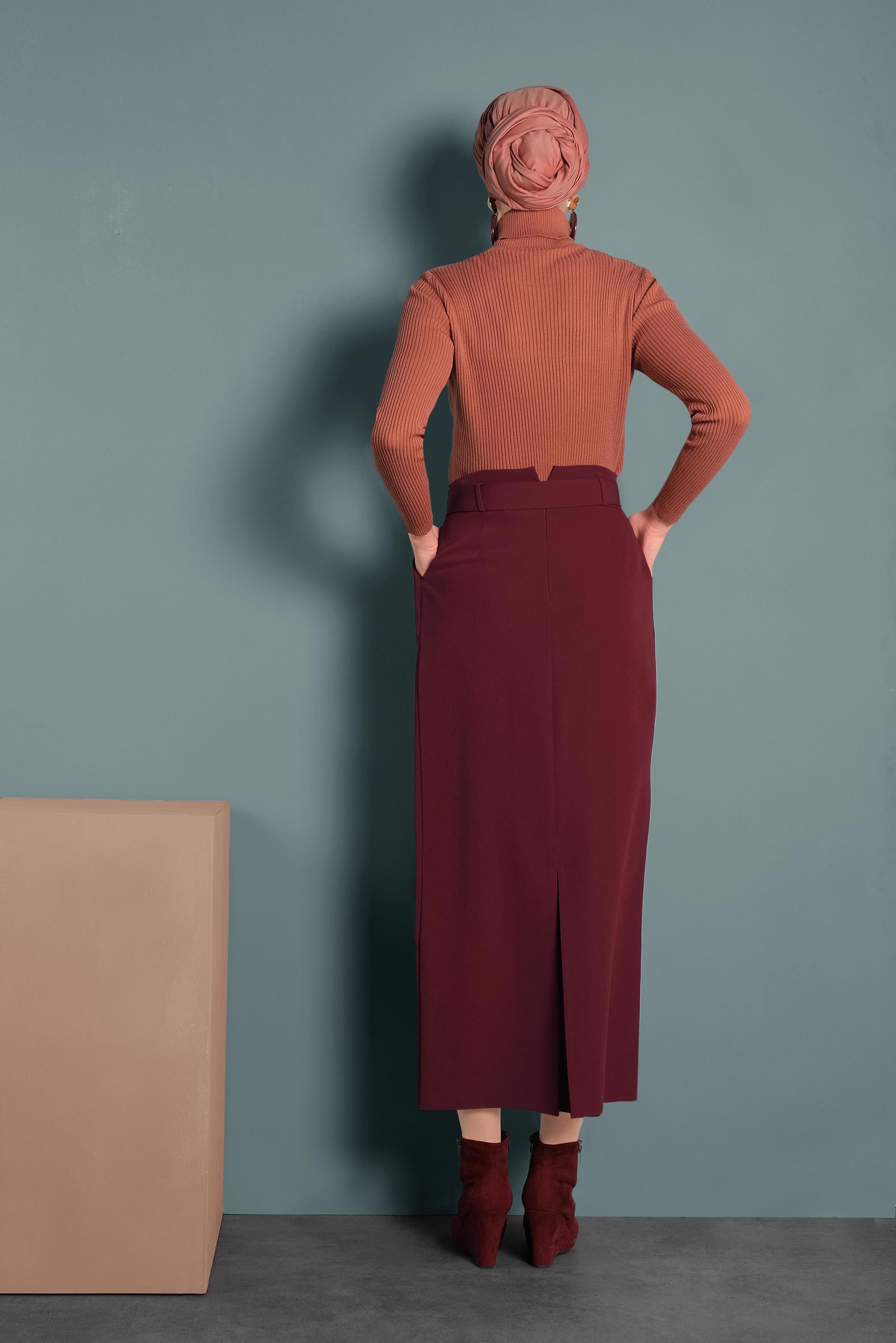 Hijab clothing CLARET RED BELTED HIGH-WAIST SKIRT 60005 