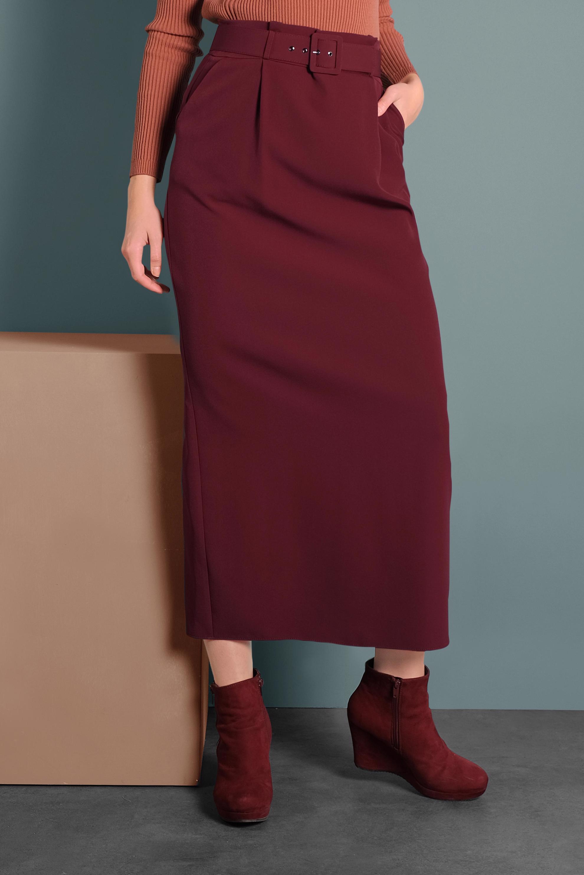 Hijab clothing CLARET RED BELTED HIGH-WAIST SKIRT 60005 