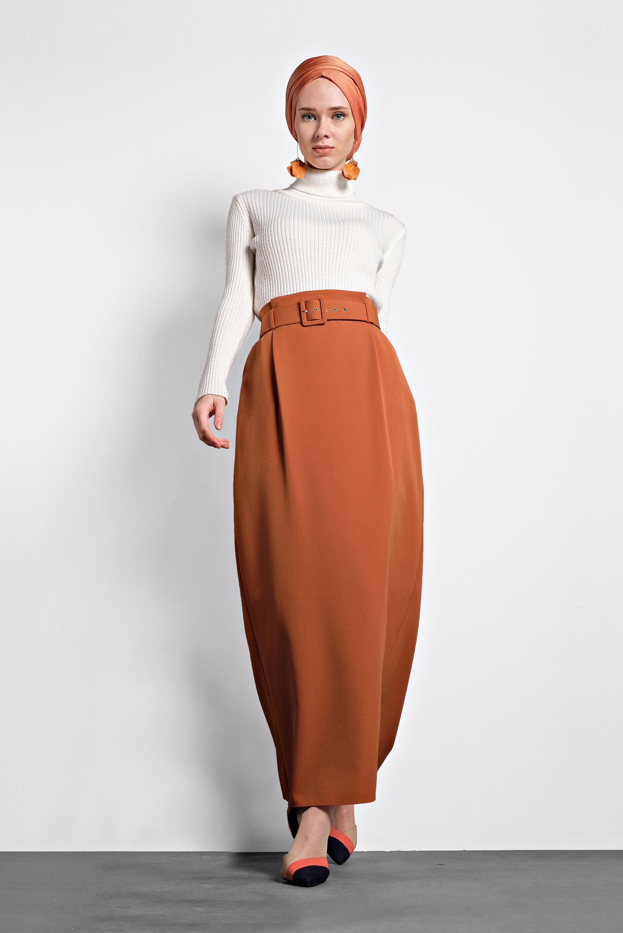Tesettür giyim TURUNCU YÜKSEK BEL KEMERLİ ETEK 60005