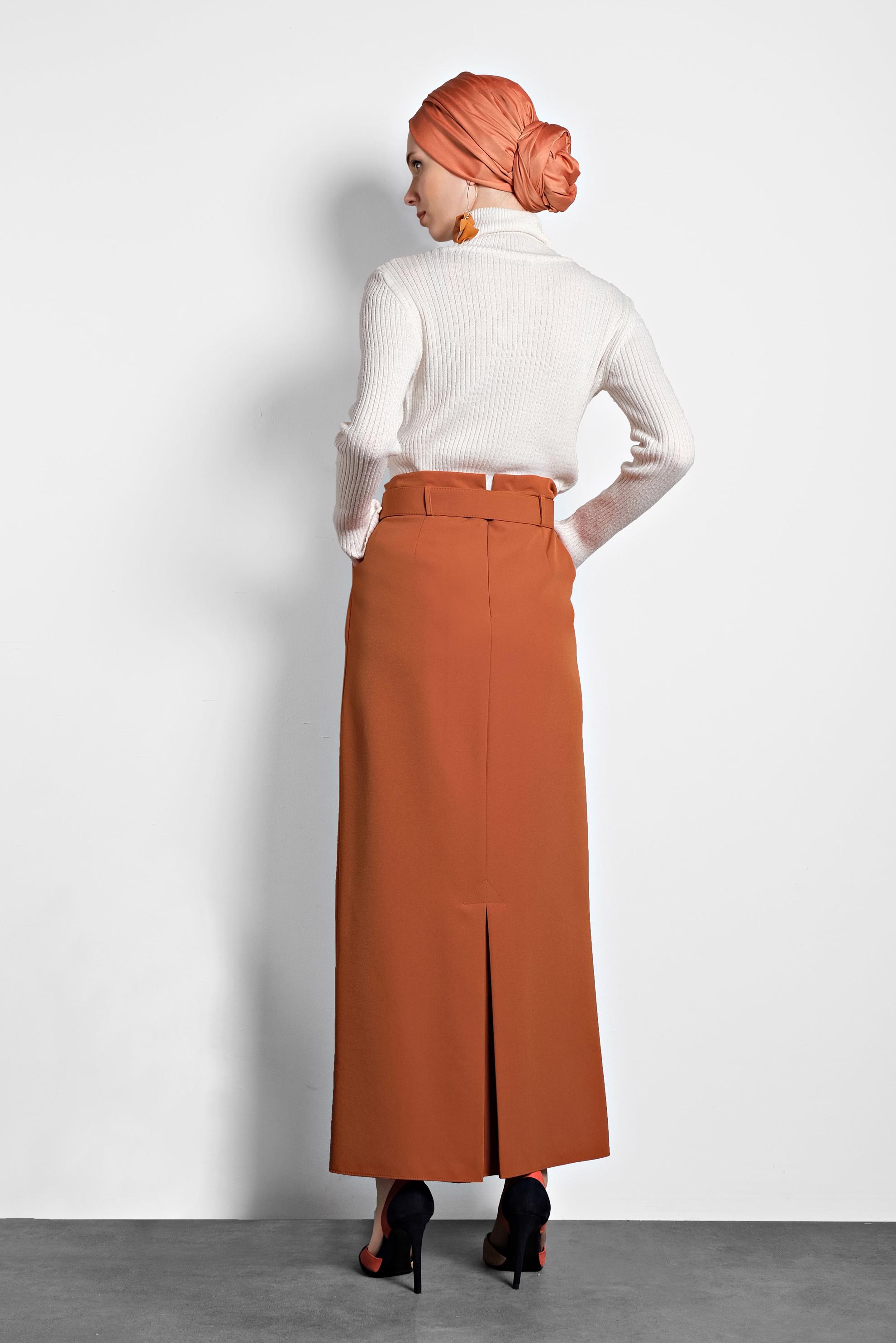 Tesettür giyim TURUNCU YÜKSEK BEL KEMERLİ ETEK 60005