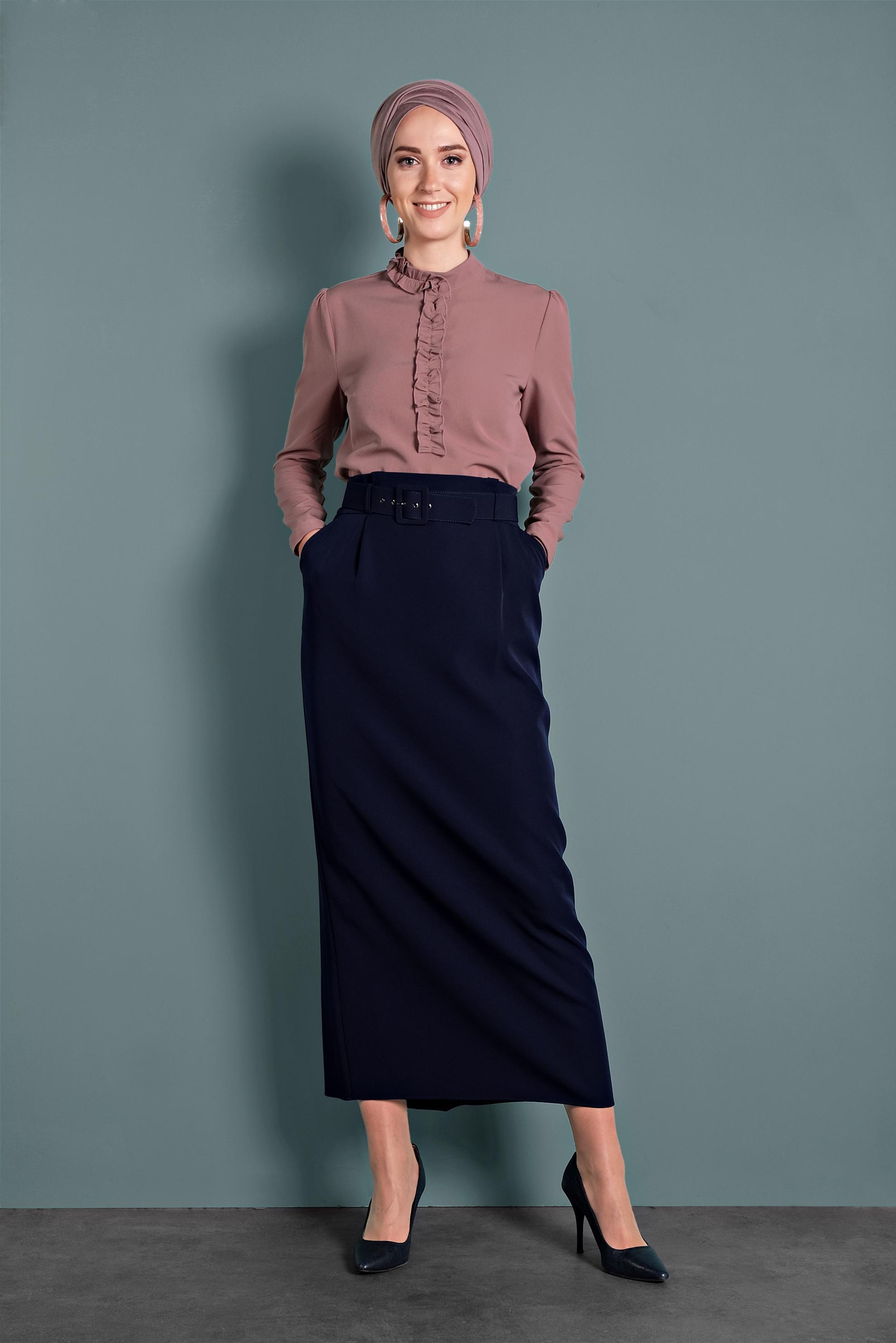 Tesettür giyim LACİVERT YÜKSEK BEL KEMERLİ ETEK 60005