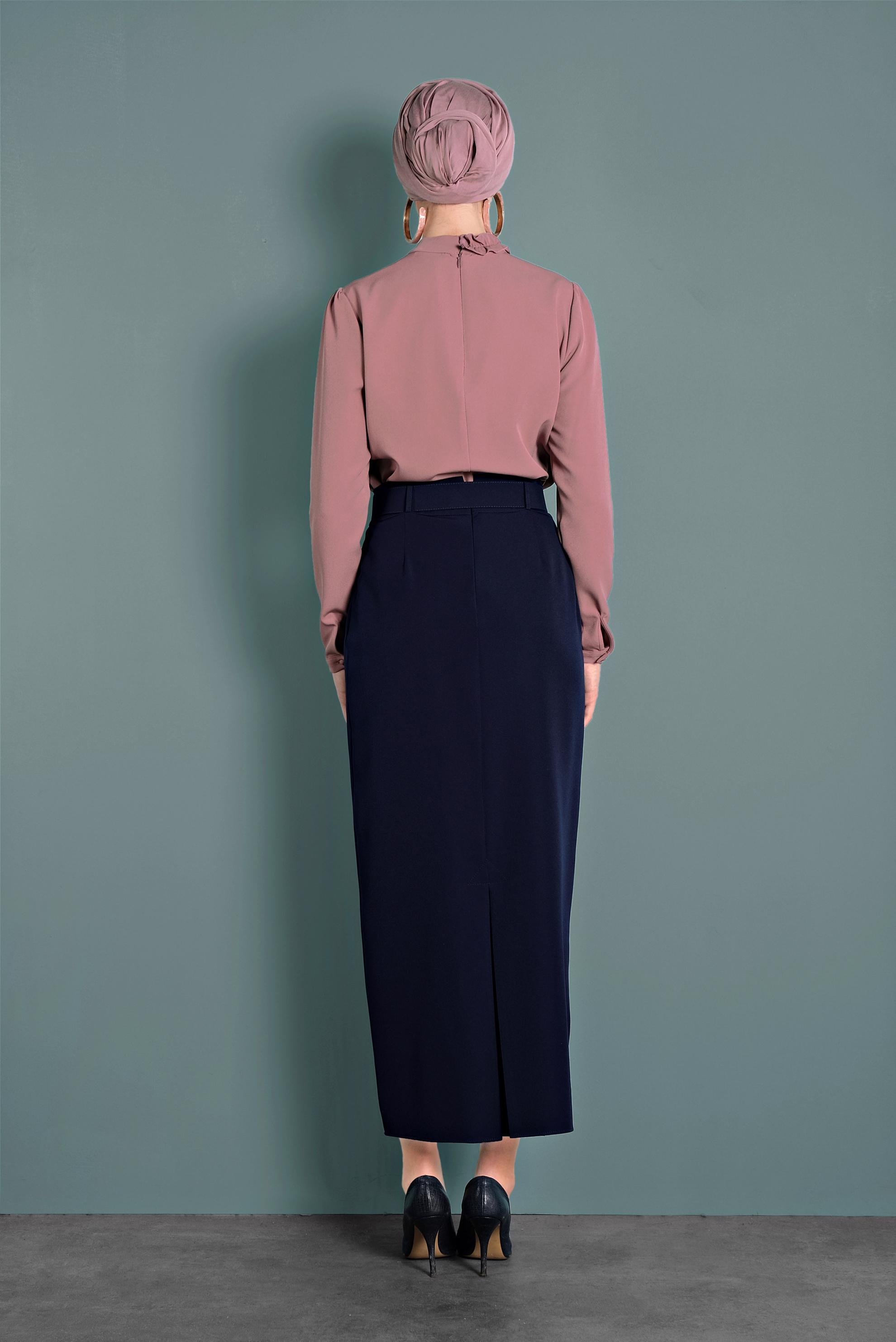 Tesettür giyim LACİVERT YÜKSEK BEL KEMERLİ ETEK 60005