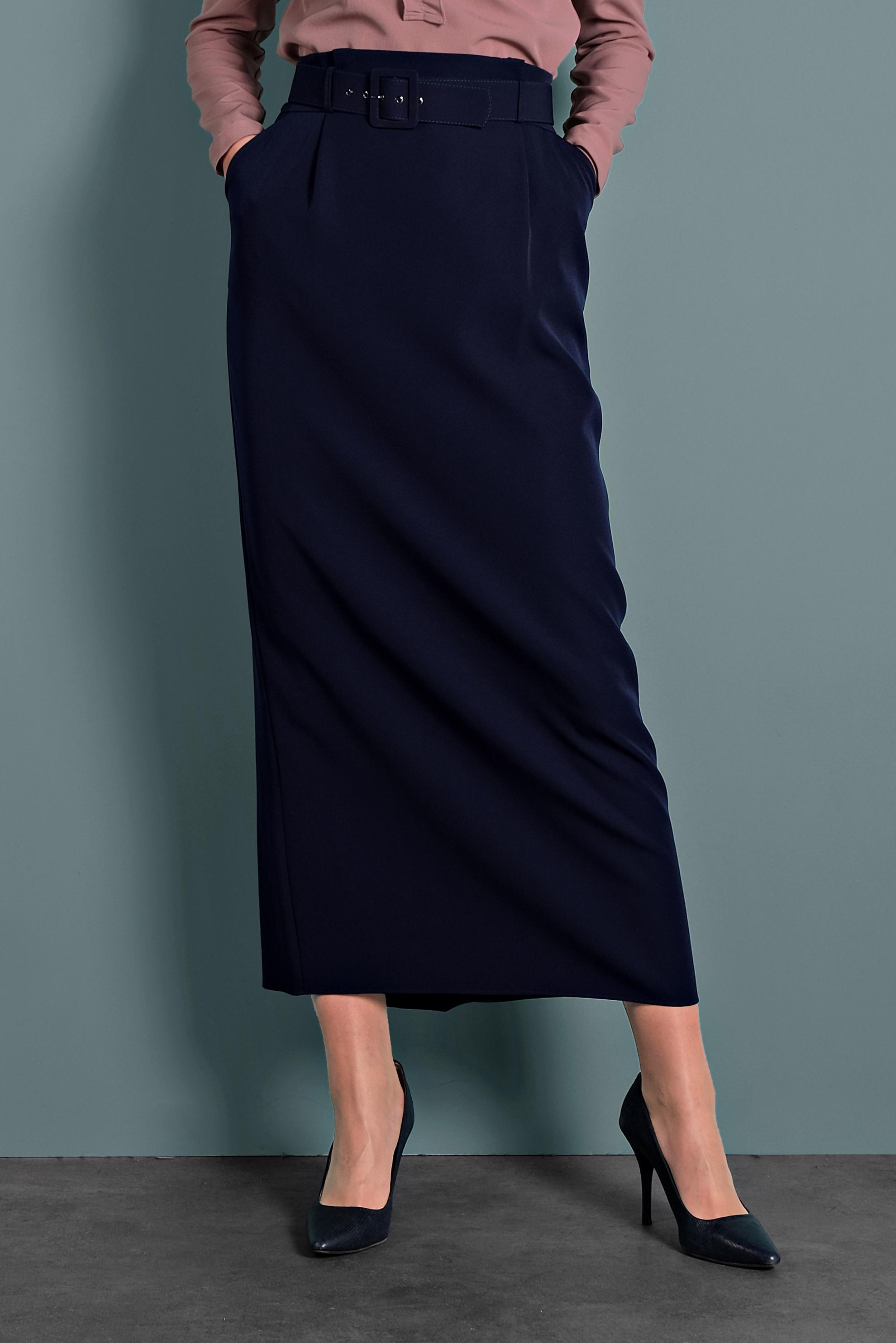 Tesettür giyim LACİVERT YÜKSEK BEL KEMERLİ ETEK 60005