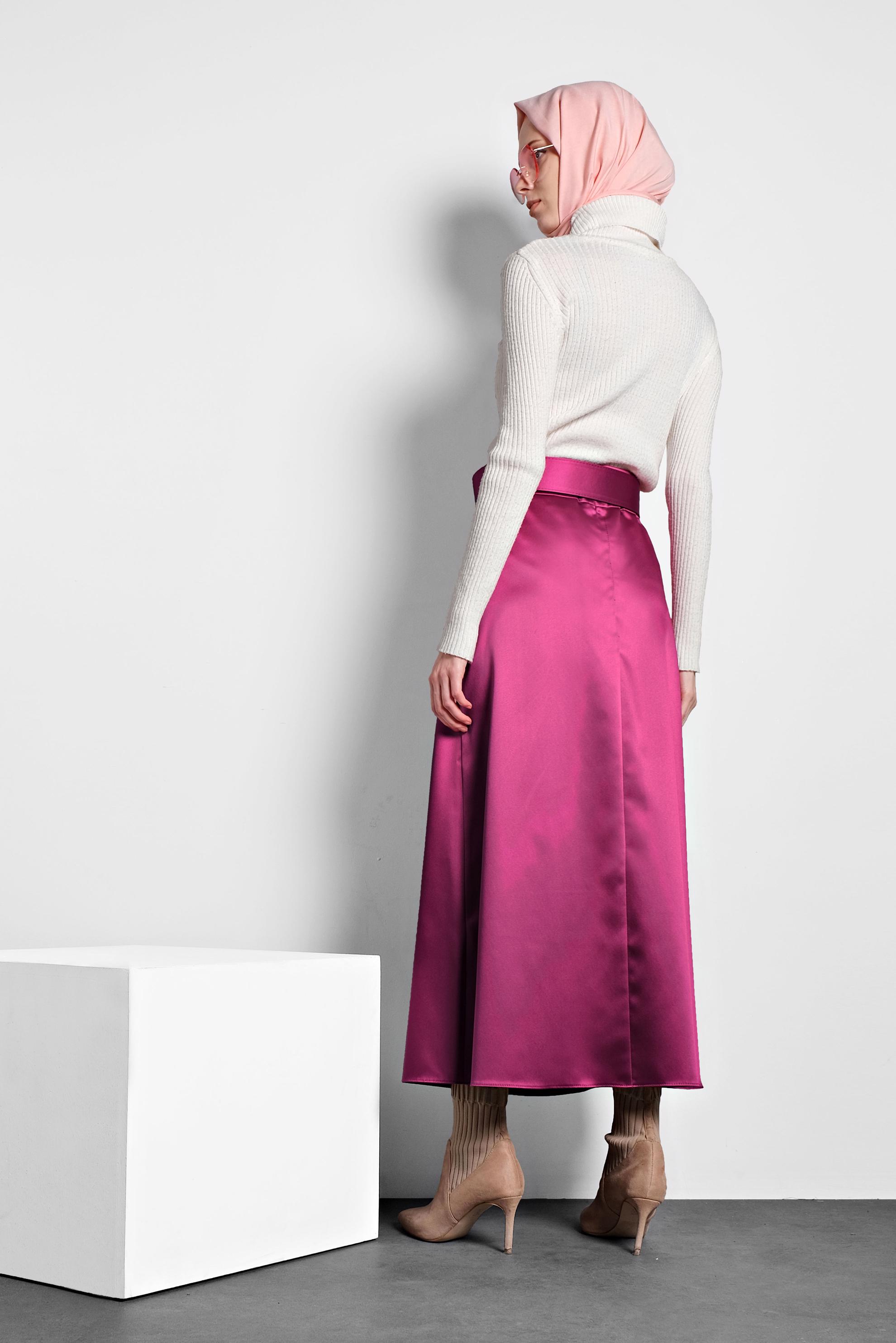 Tesettür giyim FUŞYA KEMERLİ SATEN ETEK 60040