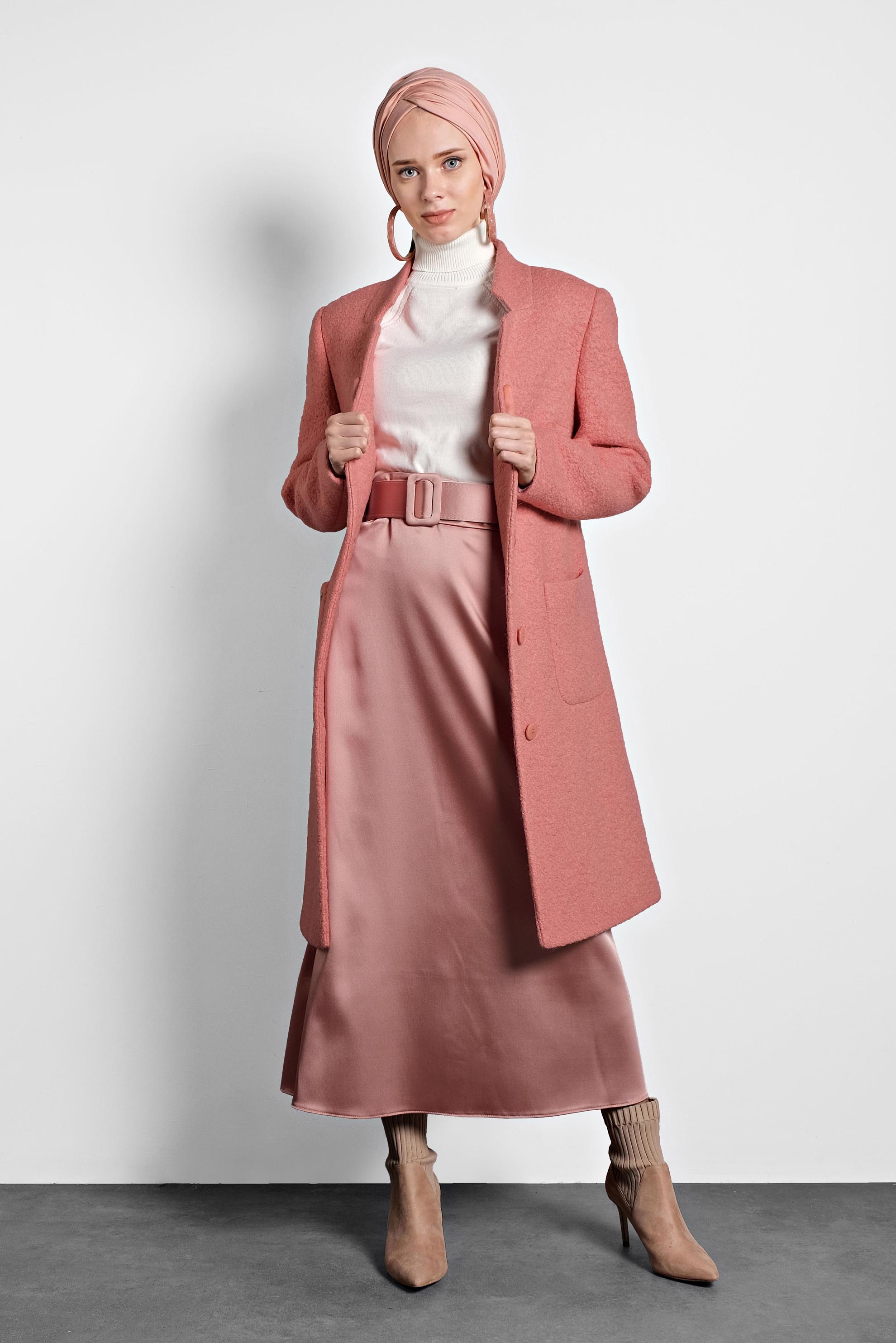 Tesettür giyim PEMBE KEMERLİ SATEN ETEK 60040