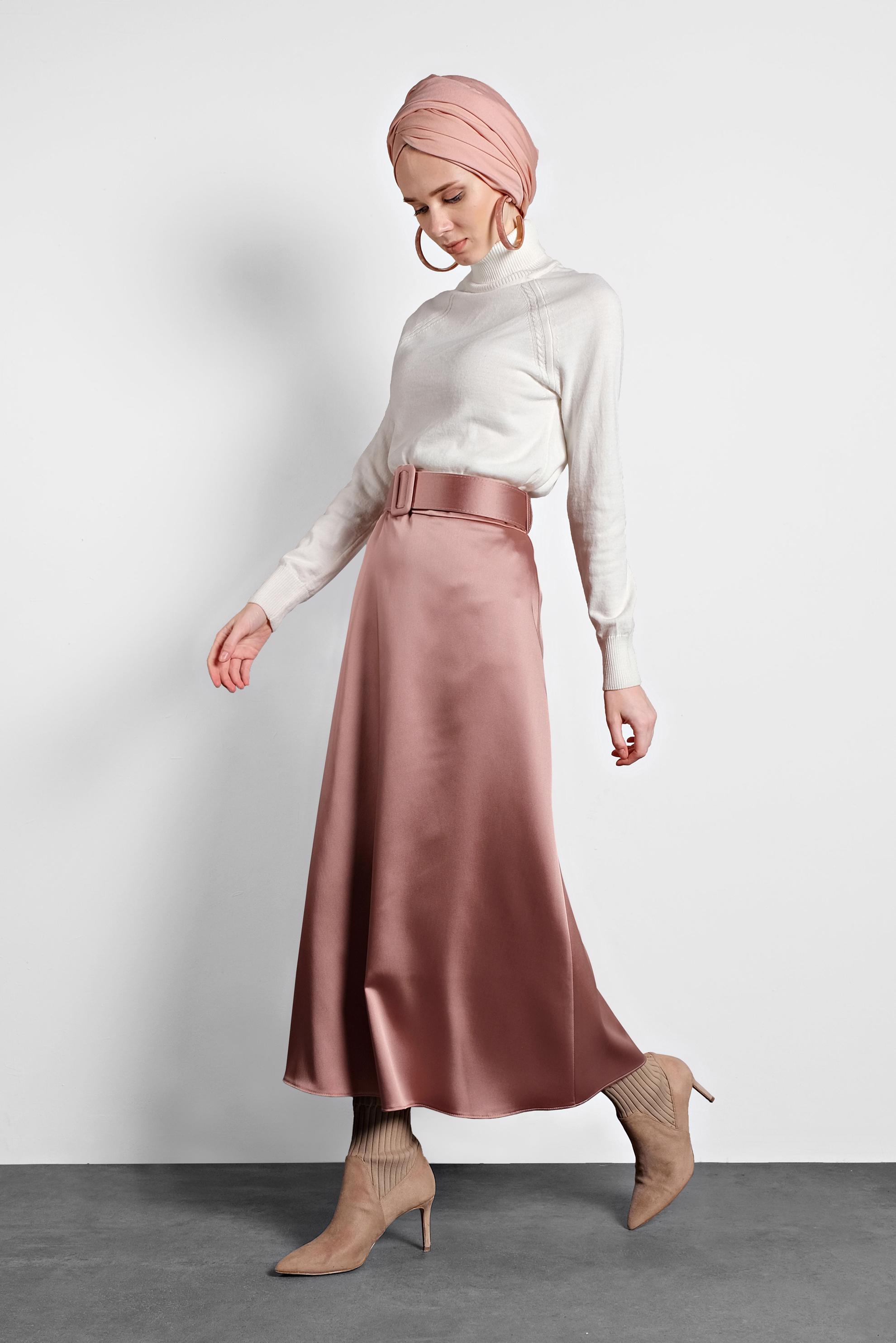 Tesettür giyim PEMBE KEMERLİ SATEN ETEK 60040