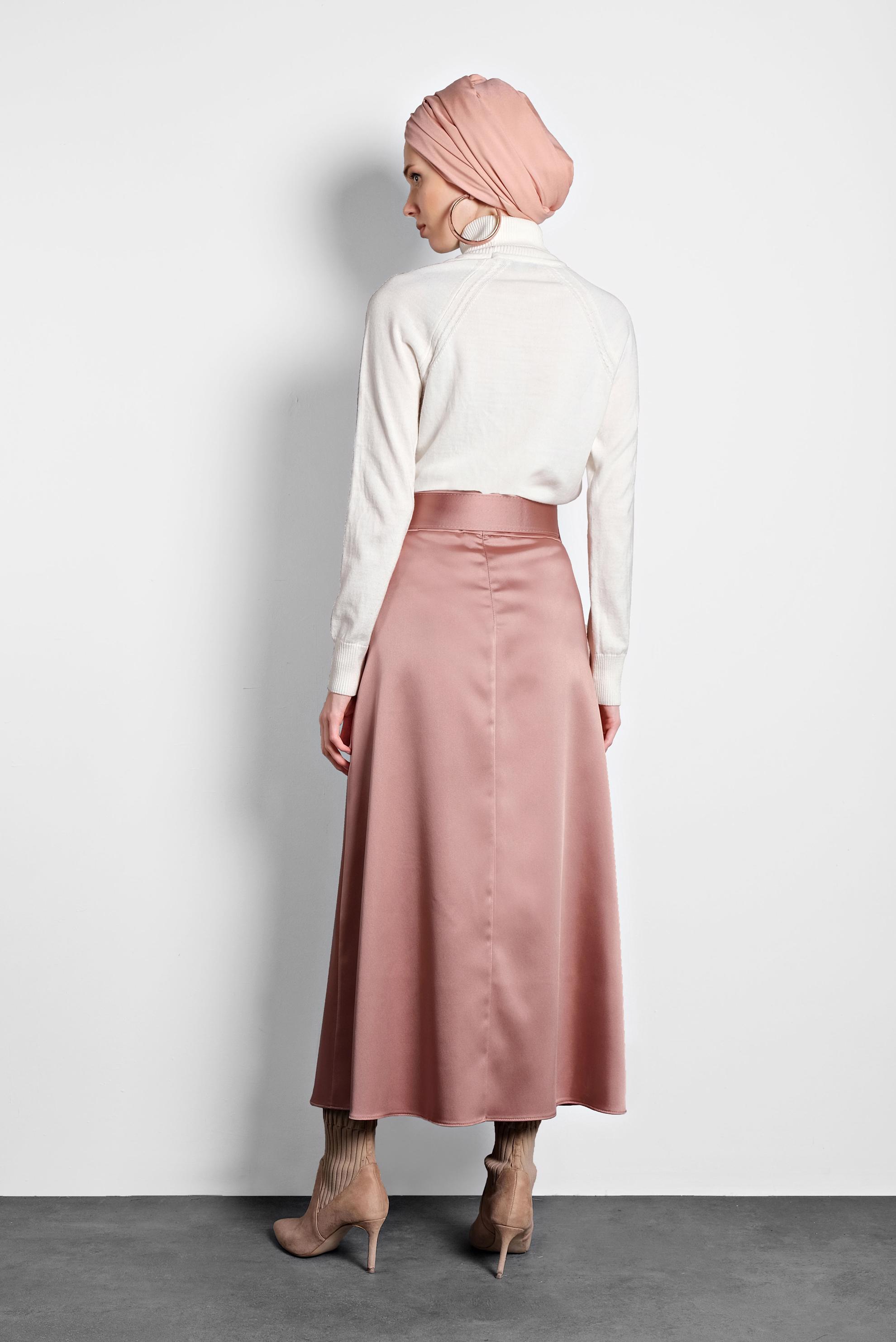 Tesettür giyim PEMBE KEMERLİ SATEN ETEK 60040