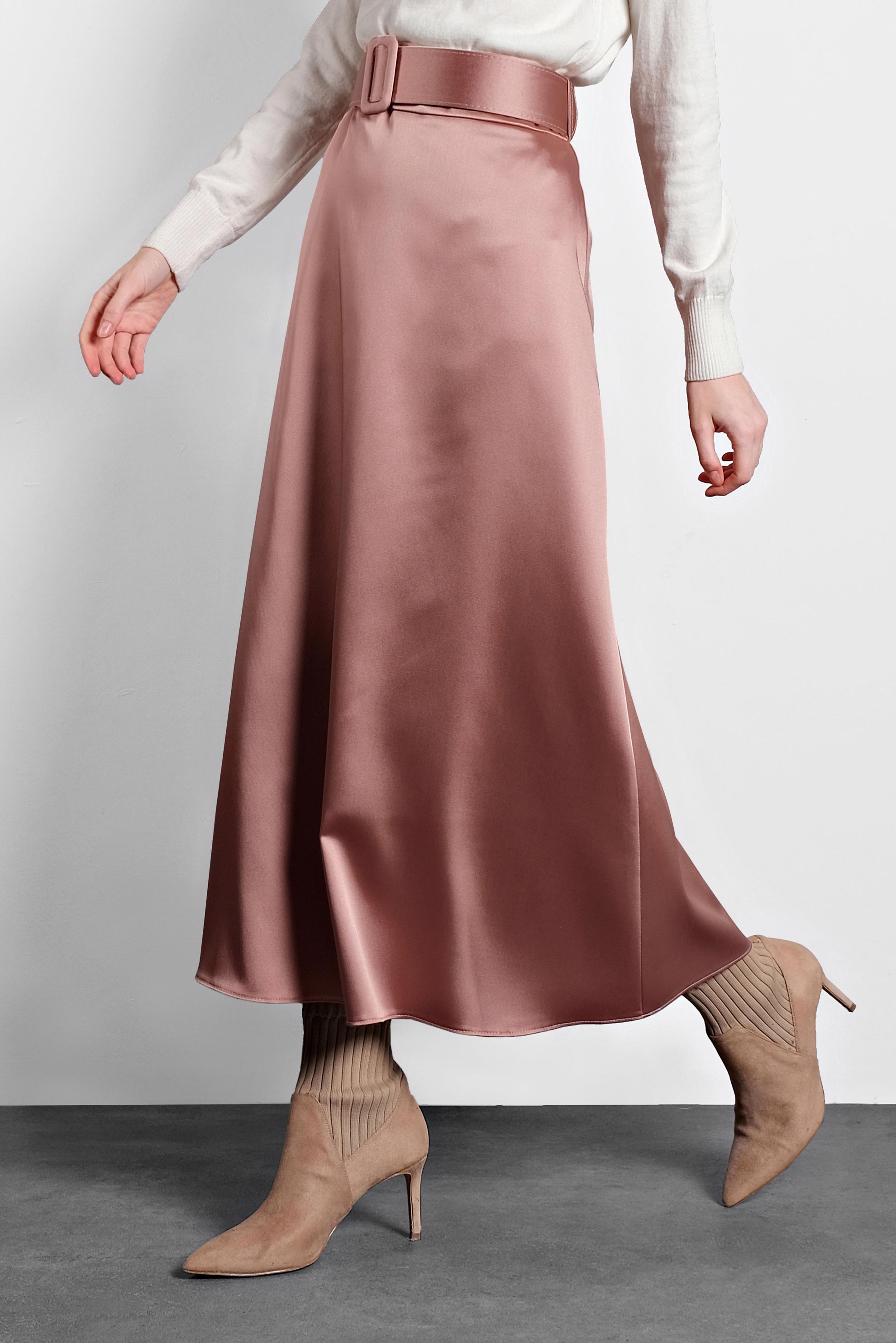 Tesettür giyim PEMBE KEMERLİ SATEN ETEK 60040