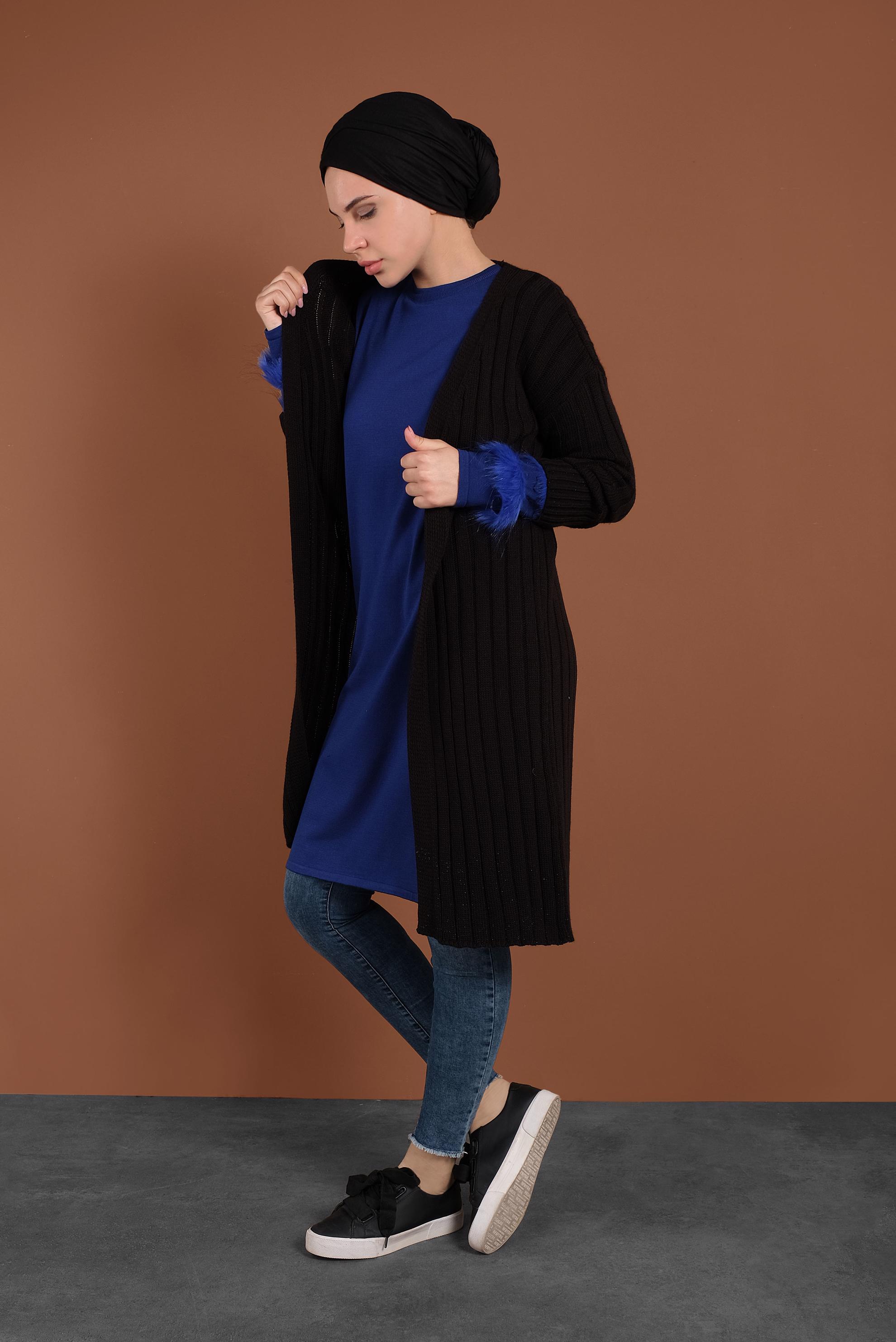 Tesettür giyim SİYAH FİTİLLİ TRİKO HIRKA 40077