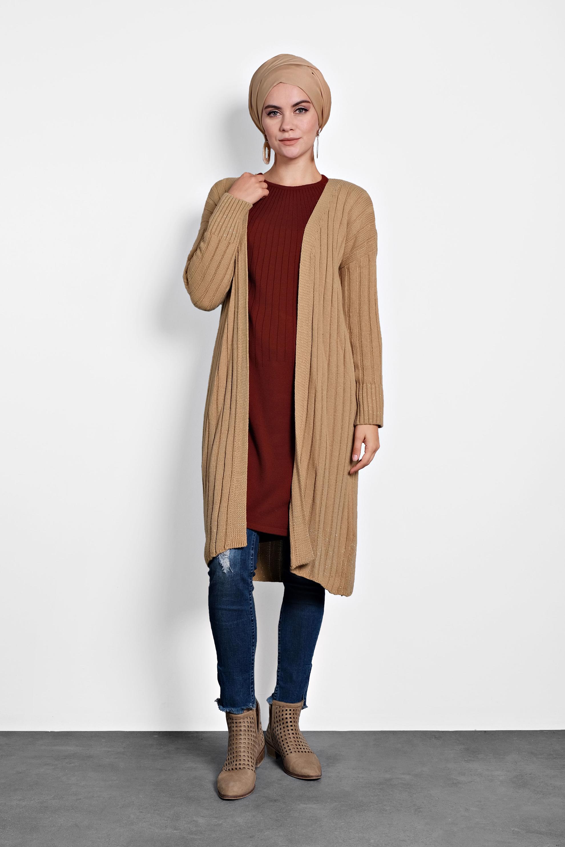 Tesettür giyim KAHVE FİTİLLİ TRİKO HIRKA 40077