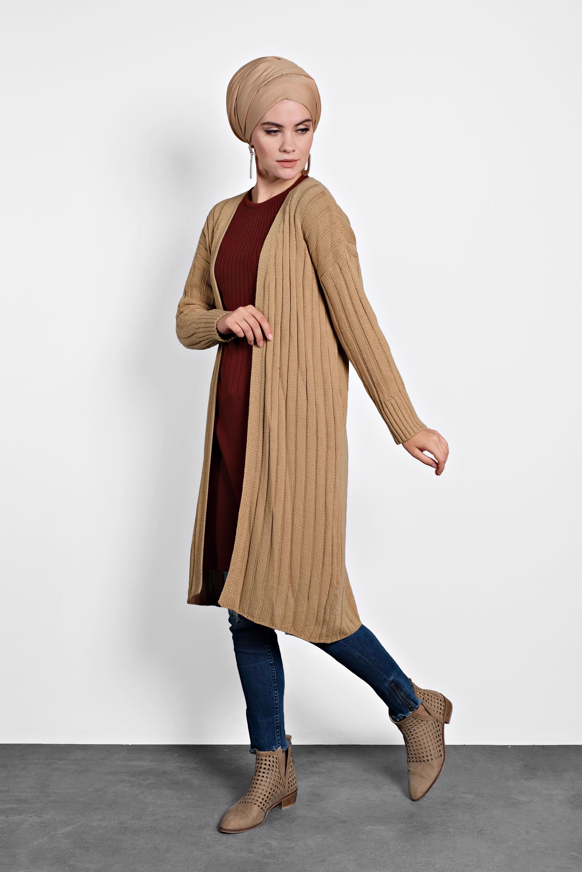 Tesettür giyim KAHVE FİTİLLİ TRİKO HIRKA 40077