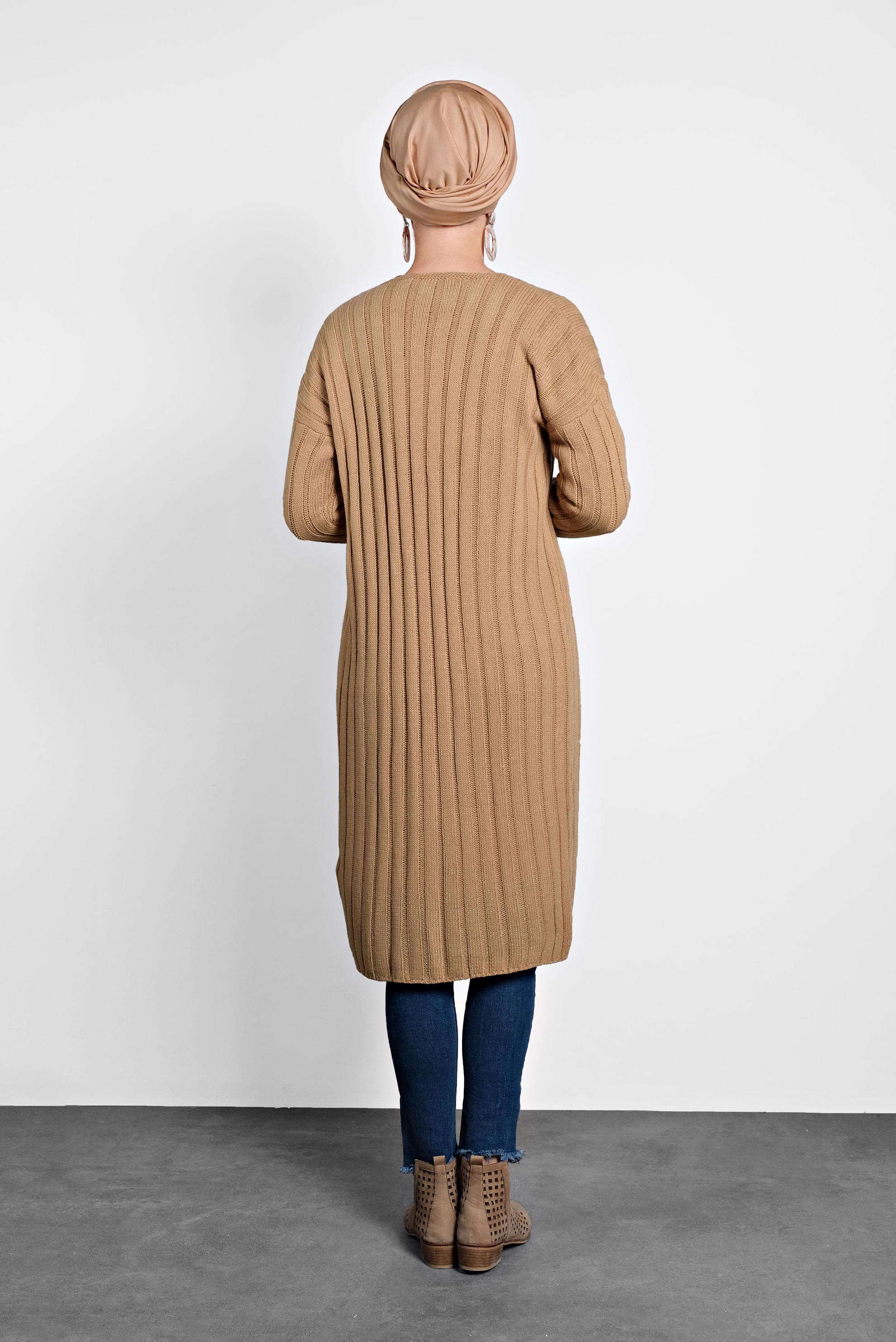 Tesettür giyim KAHVE FİTİLLİ TRİKO HIRKA 40077