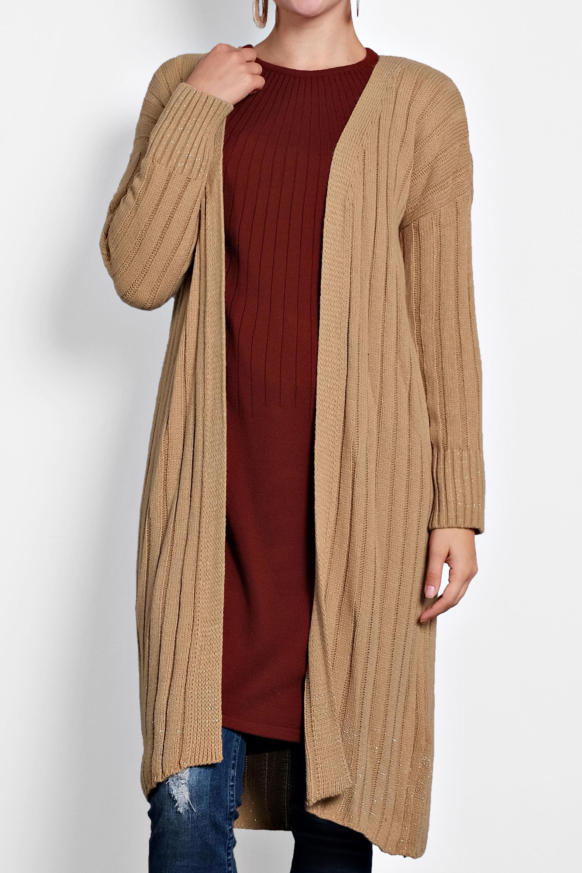 Tesettür giyim KAHVE FİTİLLİ TRİKO HIRKA 40077