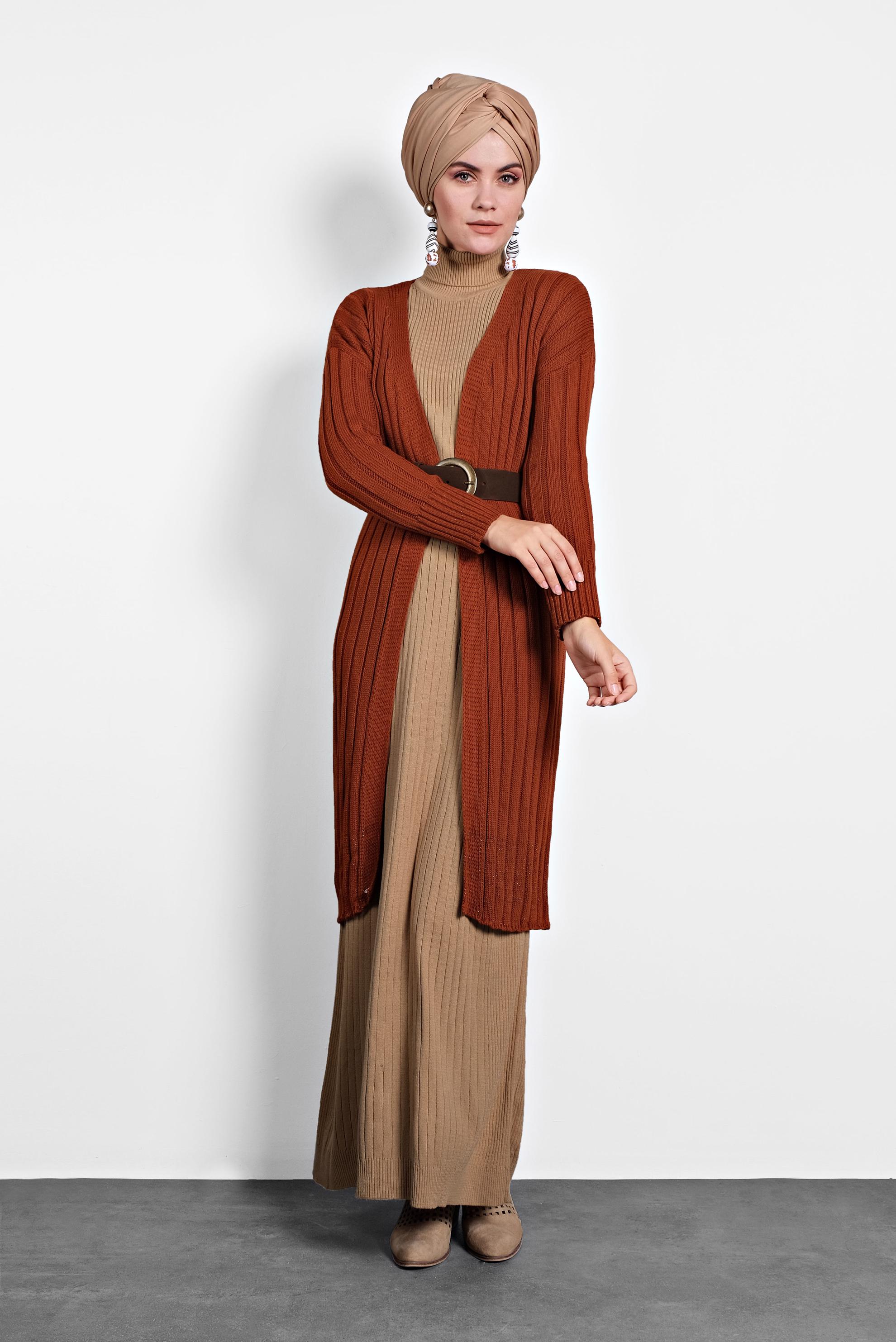 Tesettür giyim TURUNCU FİTİLLİ TRİKO HIRKA 40077