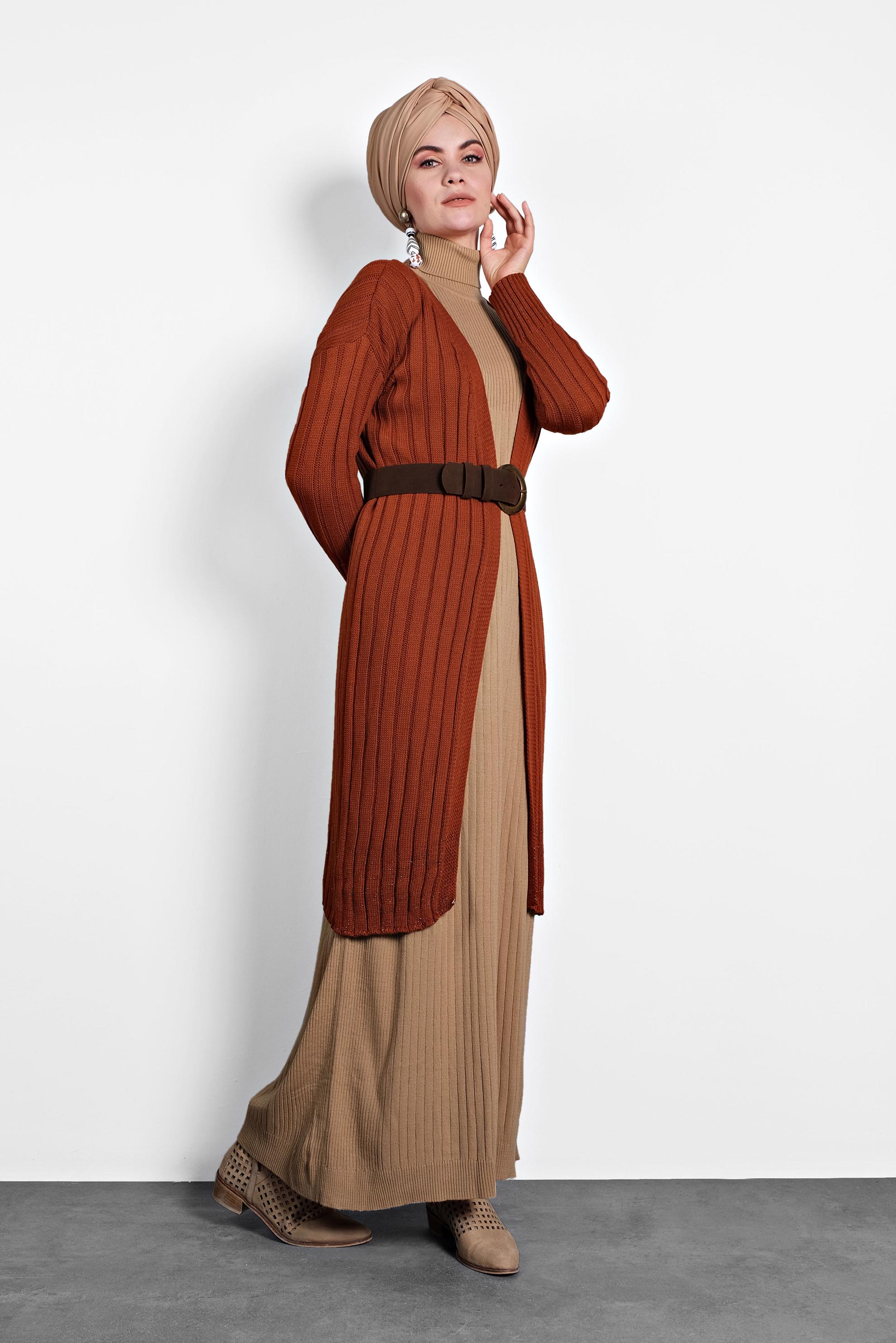 Tesettür giyim TURUNCU FİTİLLİ TRİKO HIRKA 40077