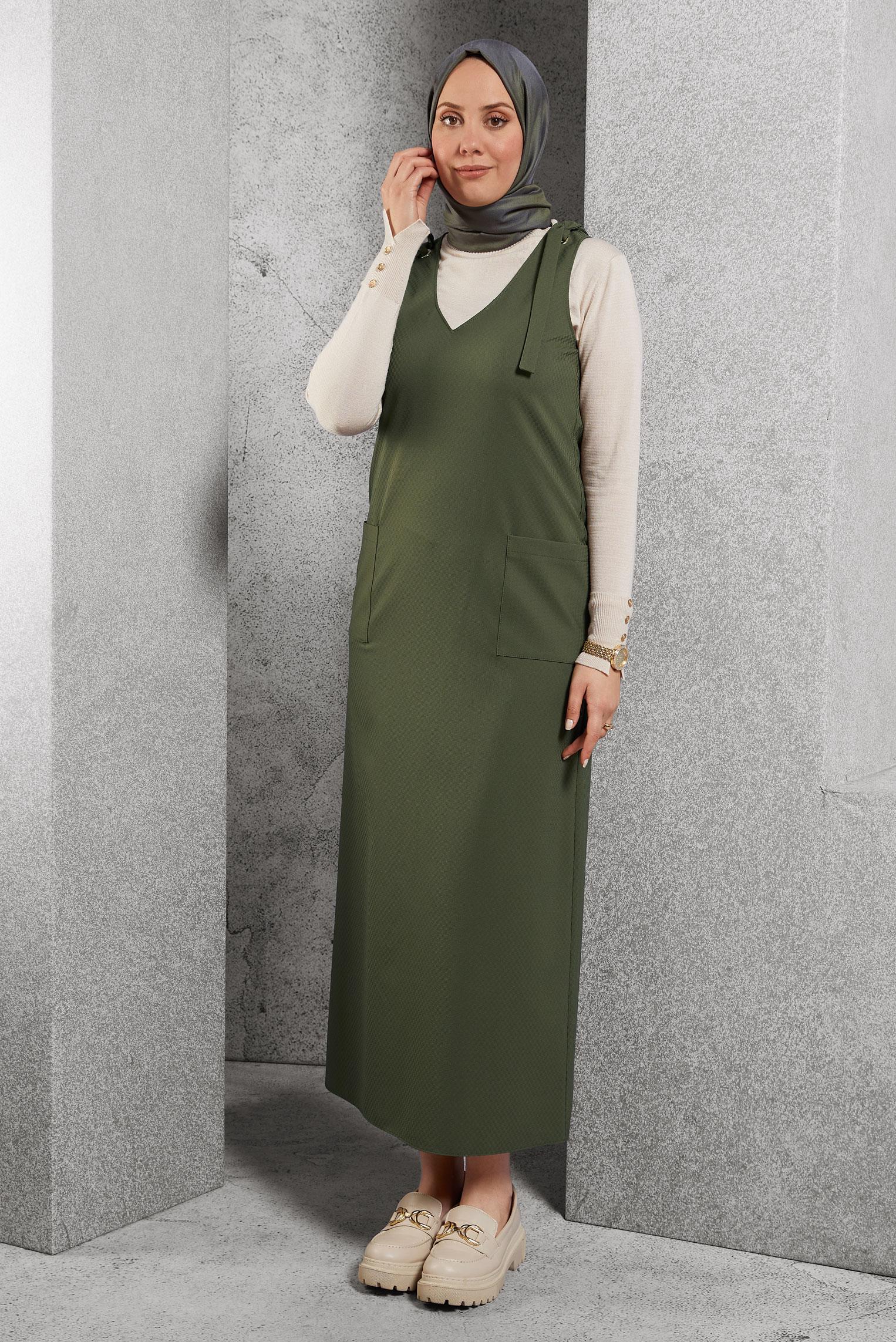 Tesettür giyim HAKİ OMUZLARI BAĞCIKLI JİLE 40414