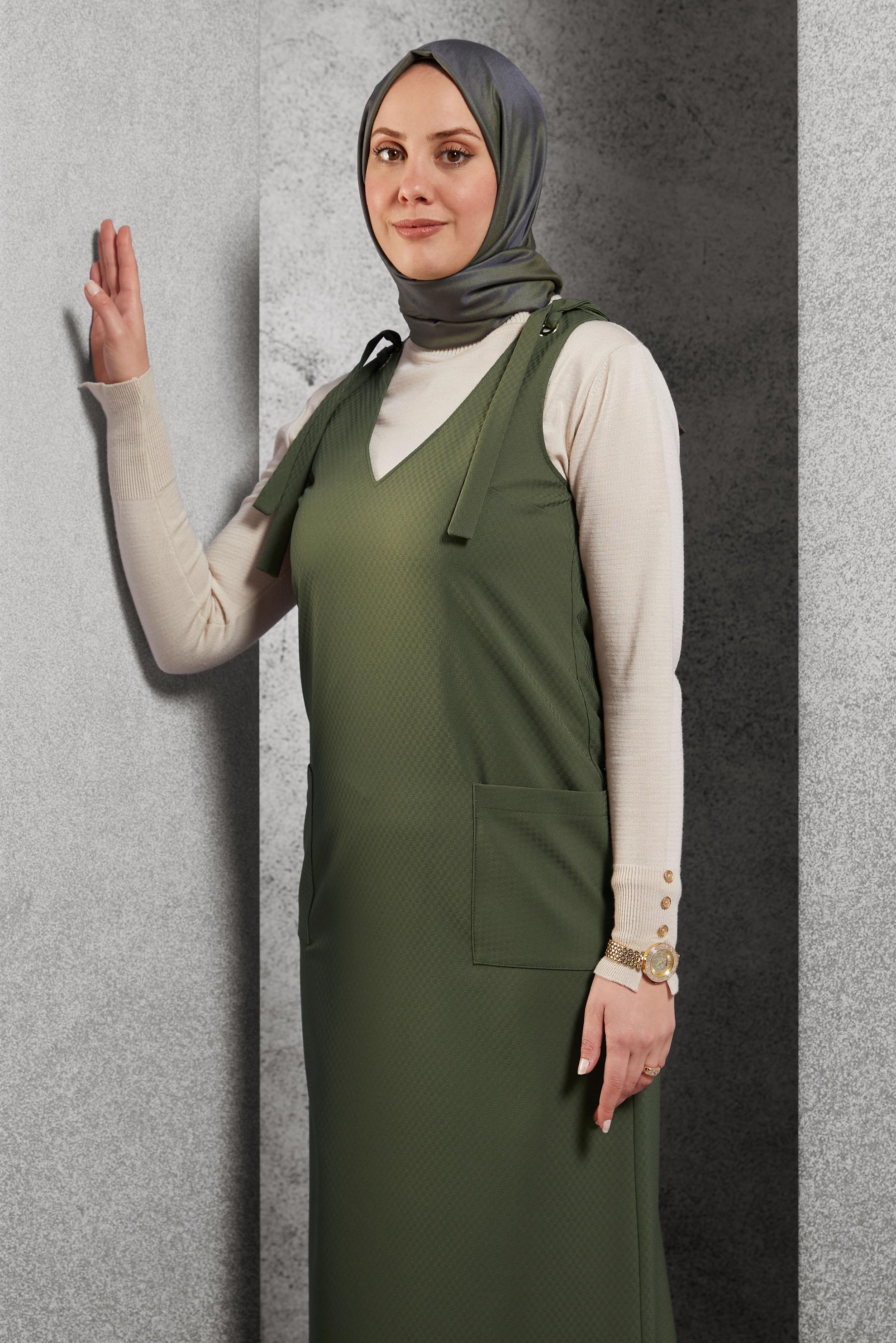 Tesettür giyim HAKİ OMUZLARI BAĞCIKLI JİLE 40414