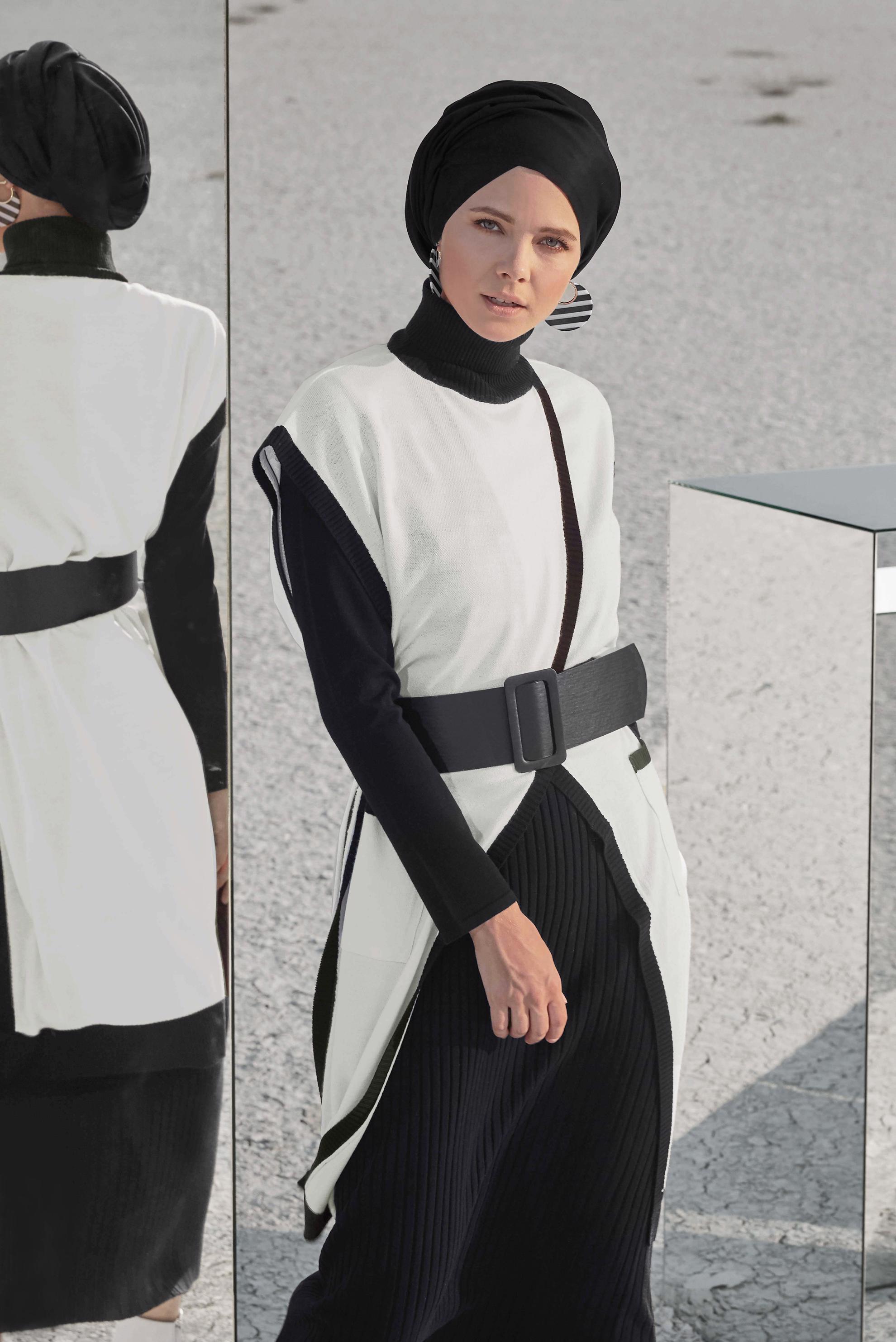 Tesettür giyim BEJ BALIKÇI YAKA CEPLİ TRİKO PANÇO 40279  